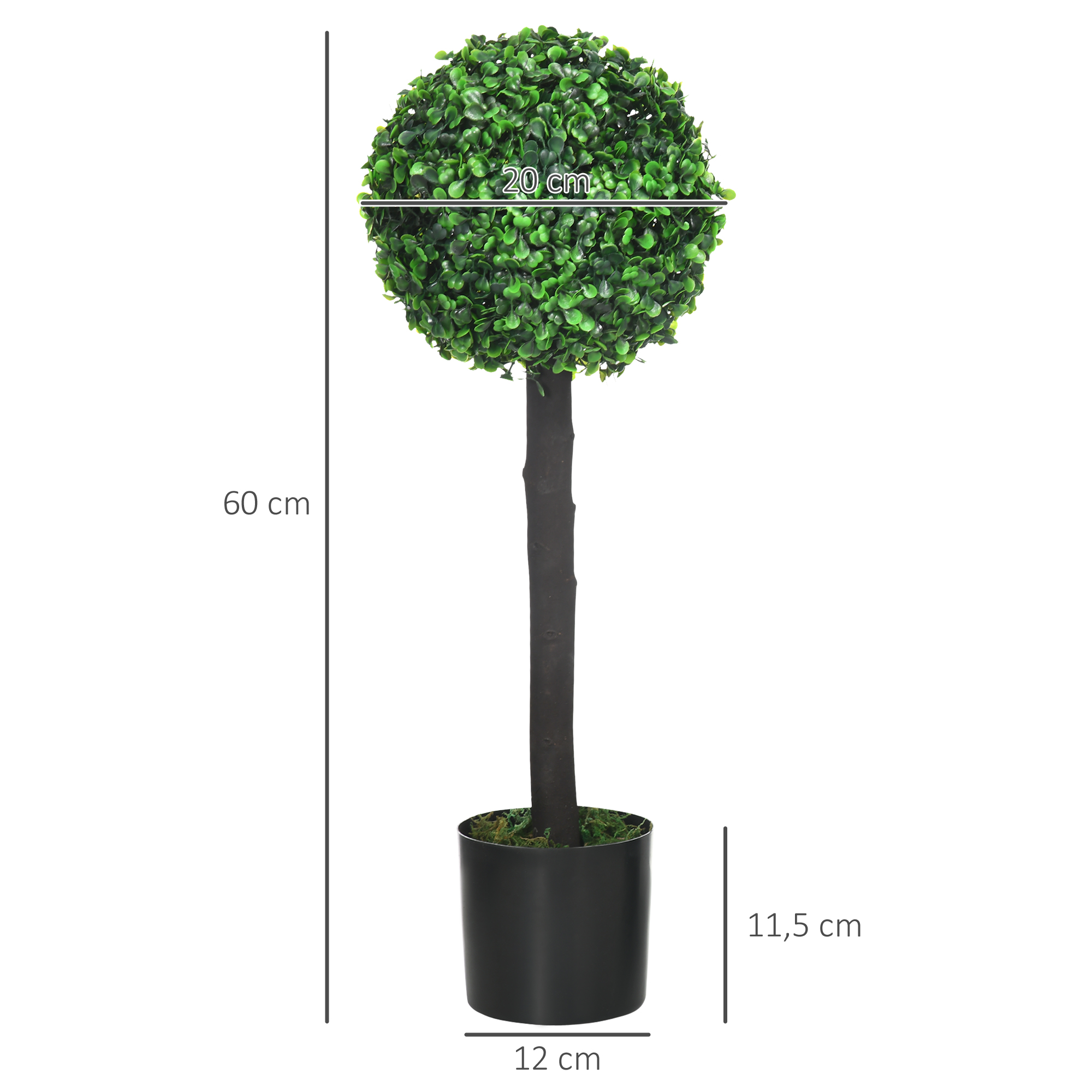 2er-Set künstlicher Buchsbaum, 2 Buchsbäume, Outdoor, 20 cm x 20 cm x 60 cm, Grün + Braun+ Schwarz