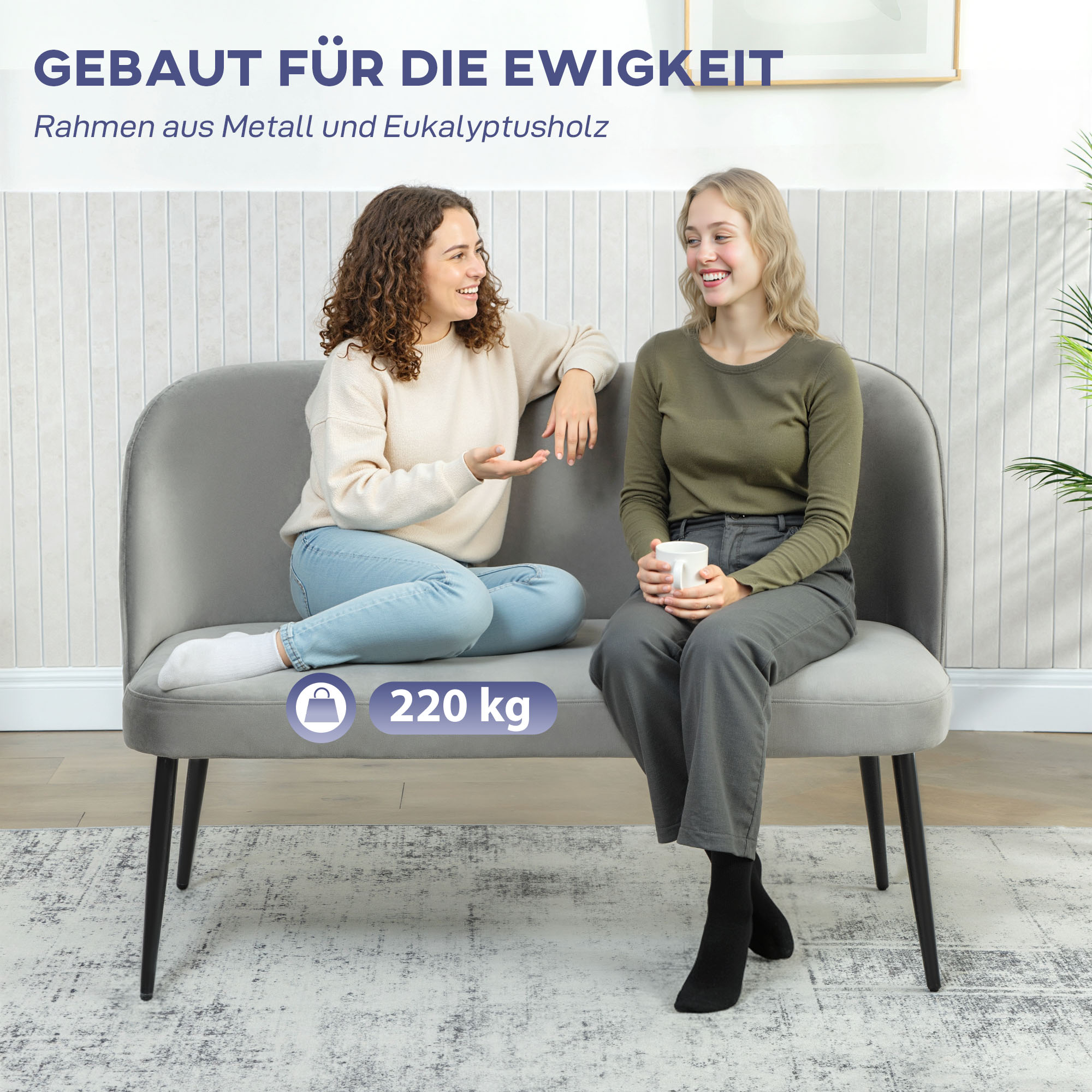 2-Sitzer-Sofa, moderne Polstercouch mit Metall- und Holzrahmen, samtartiger Stoffbezug, Grau