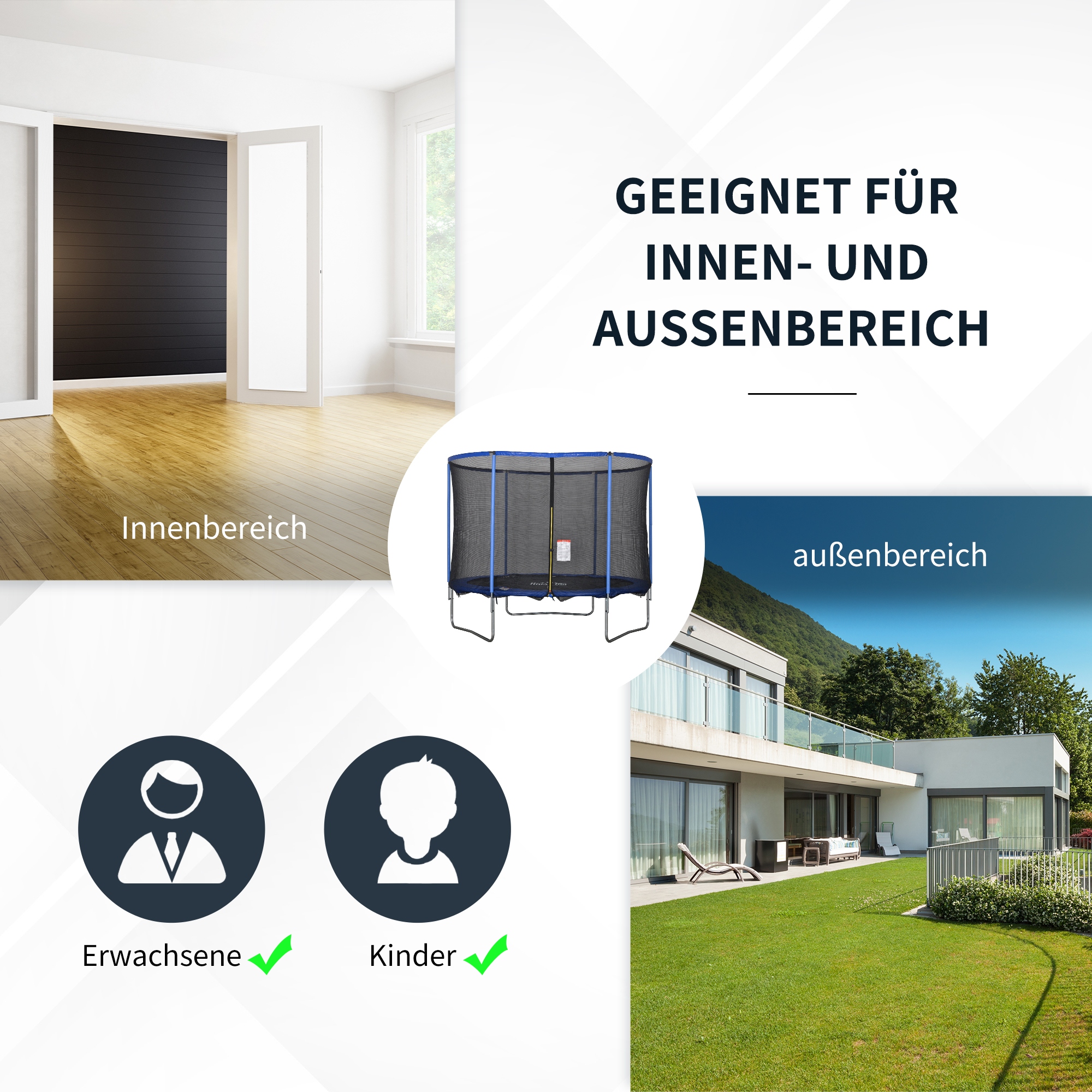 Trampolin mit Sicherheitsnetz Gartentrampolin für Innen- und Außenbereich Fitnesstrampolin für Kinder und Erwachsene Stahl Blau+Schwarz bis 113,6 kg Ø305 x 248H cm