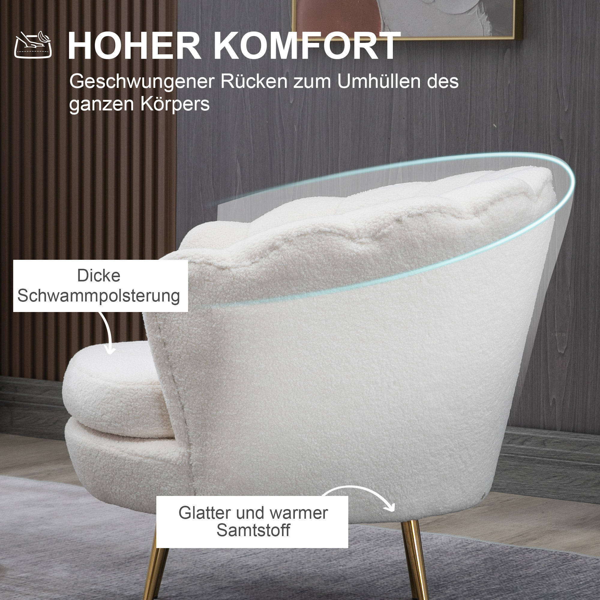 Polstersessel in Muschelform, Relaxsessel, Entspannungssessel, Metallbeine in Goldoptik, 79L x 77B x 77H cm, Weiß