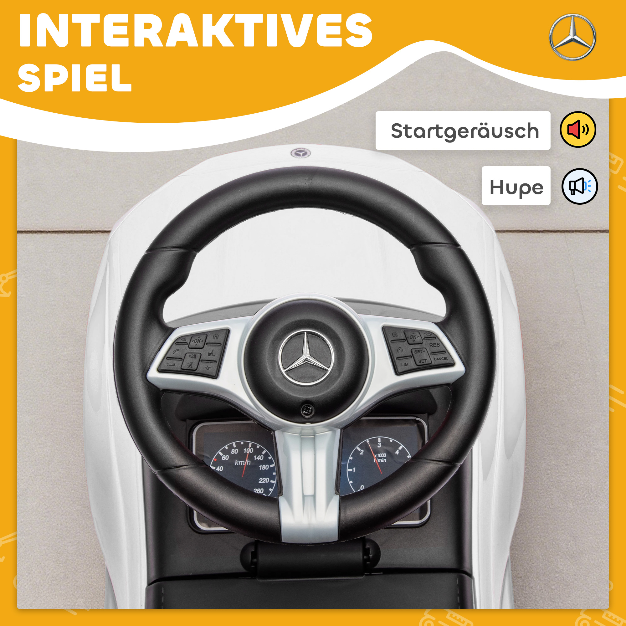 Rutscher Mercedes-Benz C-Class mit Hupe, Motorgeräuschen, Stauraum, für Kinder 18-36 Monate, Weiß