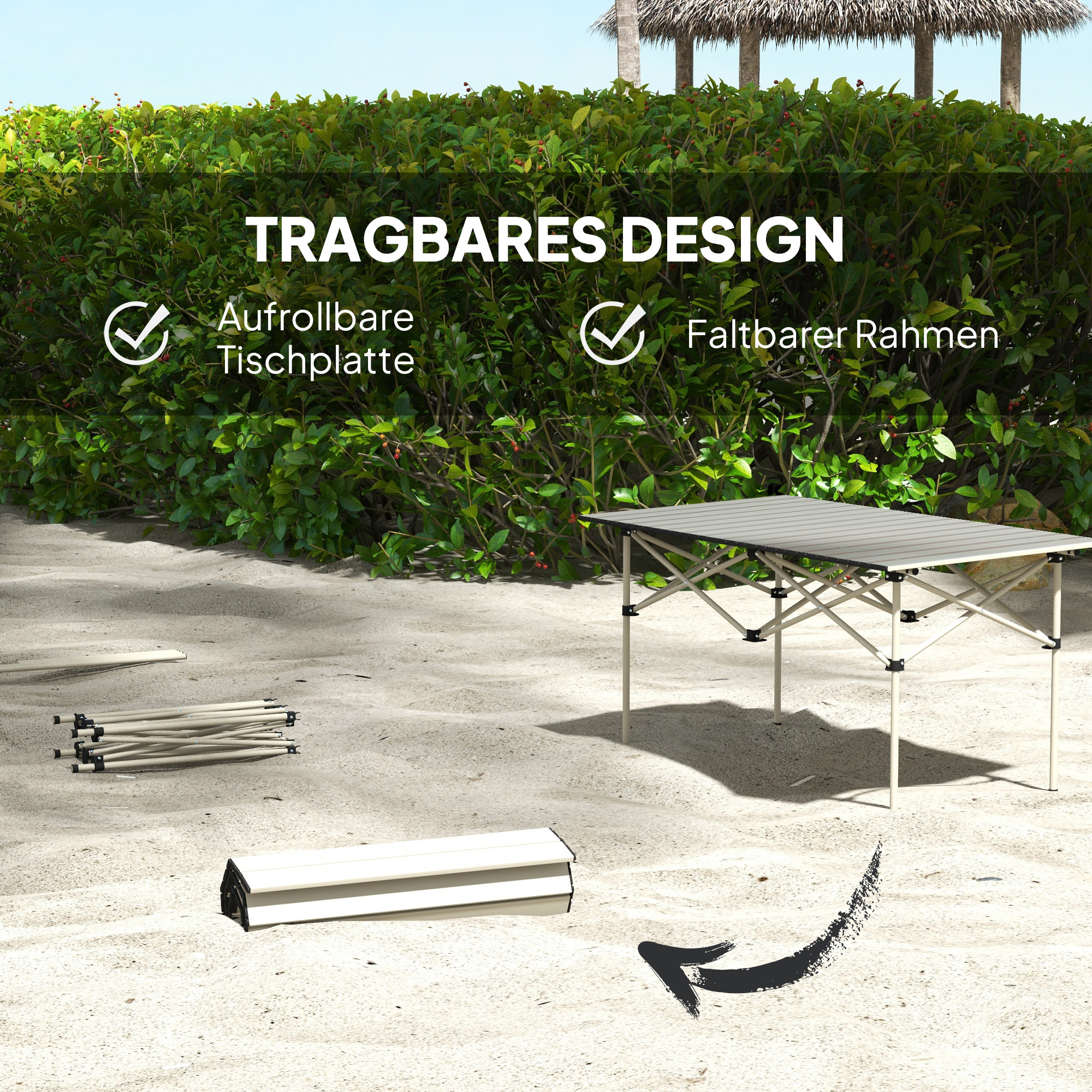 Campingtisch Klapptisch mit Aufrollbare Tischplatte Gartentisch aus Aluminium 2 Personen 95 x 55cm Khaki