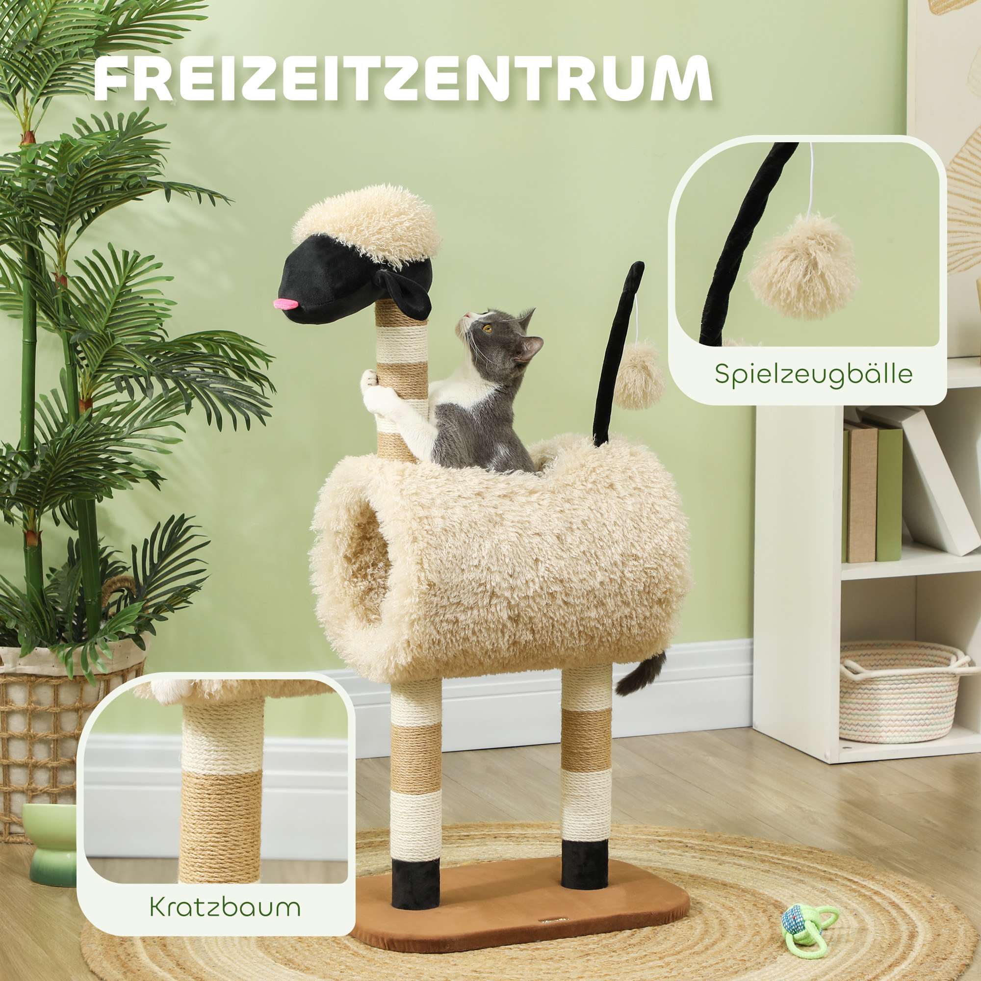 Katzenbaum im Schaf-Design, mit Kratzpfosten, Tunnel und Spielzeug, 98 cm, Hellbraun