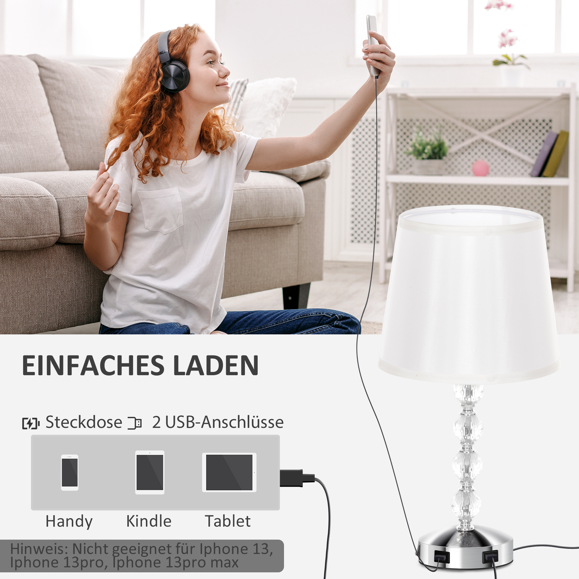 Kristall-Tischleuchte, Touch-Schalter, USB-Ladeanschluss, Ø23x45 cm, Silber