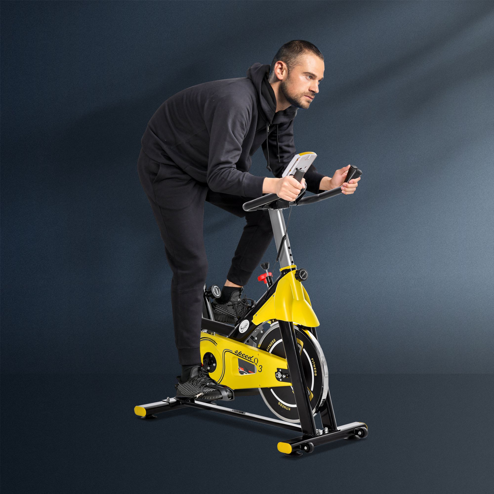 Fahrradtrainer höhenverstellbarer Heimtrainer Fitnessfahrrad Rollentrainer mit Riemenantrieb LCD-Display Stahl ABS Gelb+Schwarz 45,5 x 100 x 101-113 cm