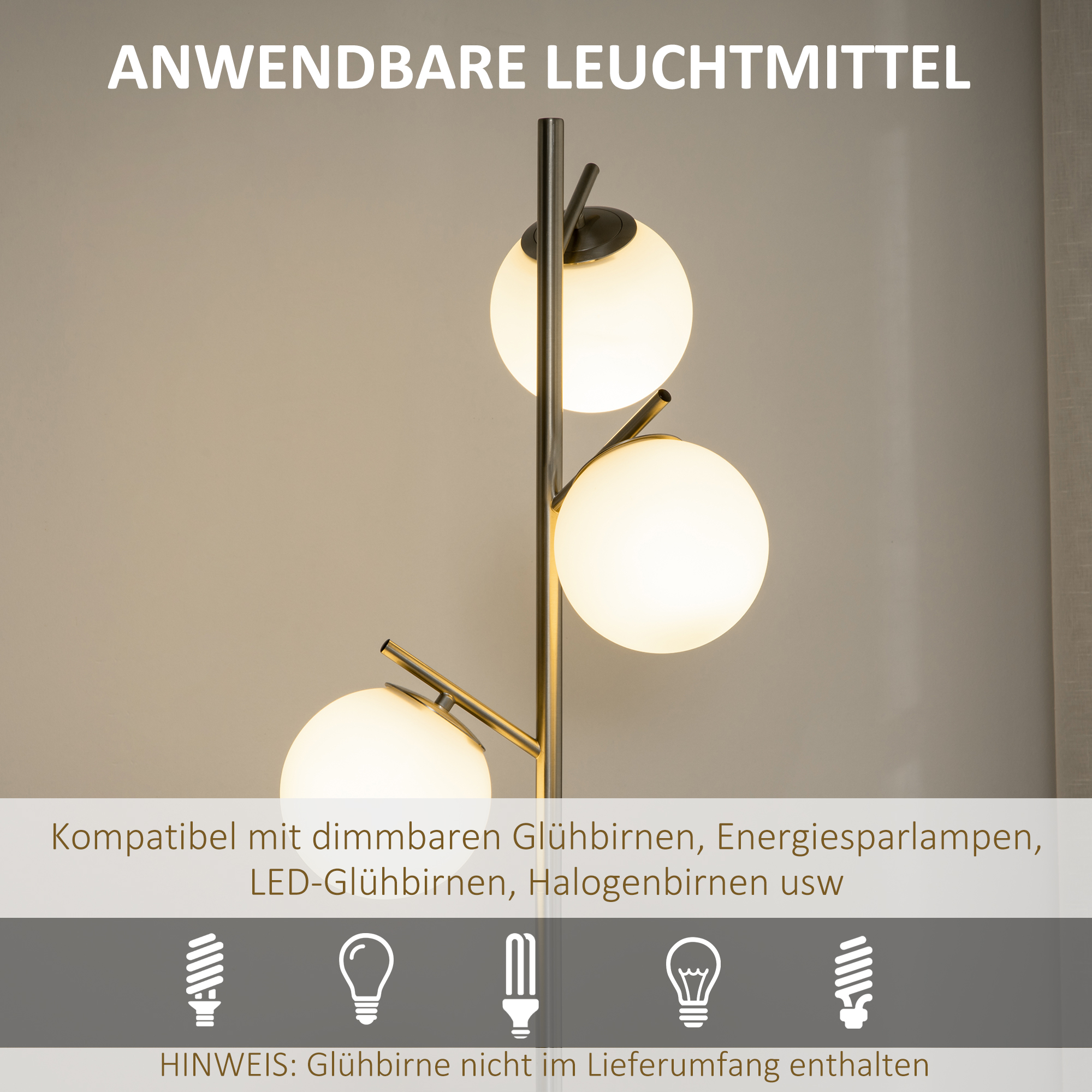 Stehlampe mit 3 Lampenschirmen aus Glas, E 27, Fußschalter, Silber + Weiß