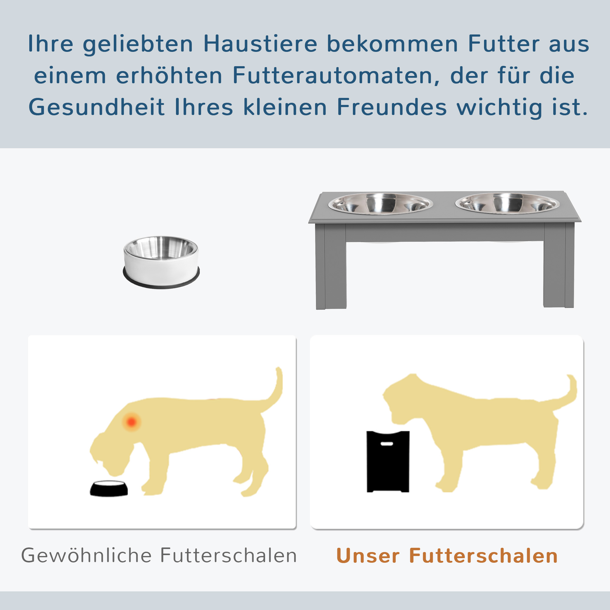 Hunde-Futterstation, rutschfest, 44x24x15cm, Grau, 0,9L pro Napf