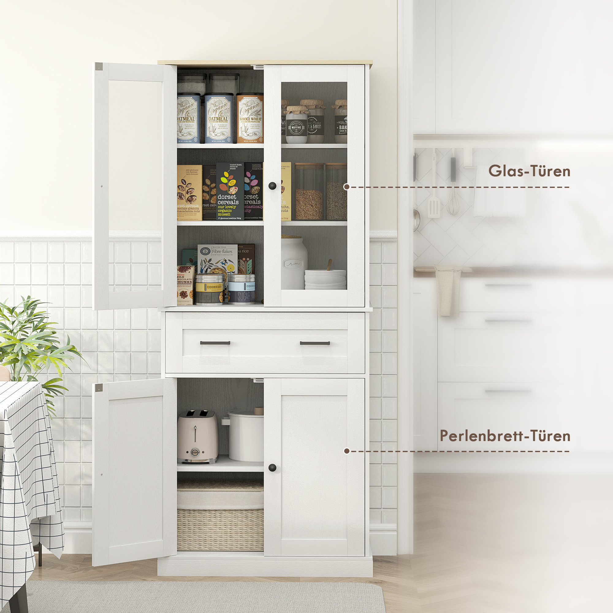 Küchenschrank, Buffet, Acrylfront, Schubladen, 76 x 40 x 182,5 cm, Cremeweiß