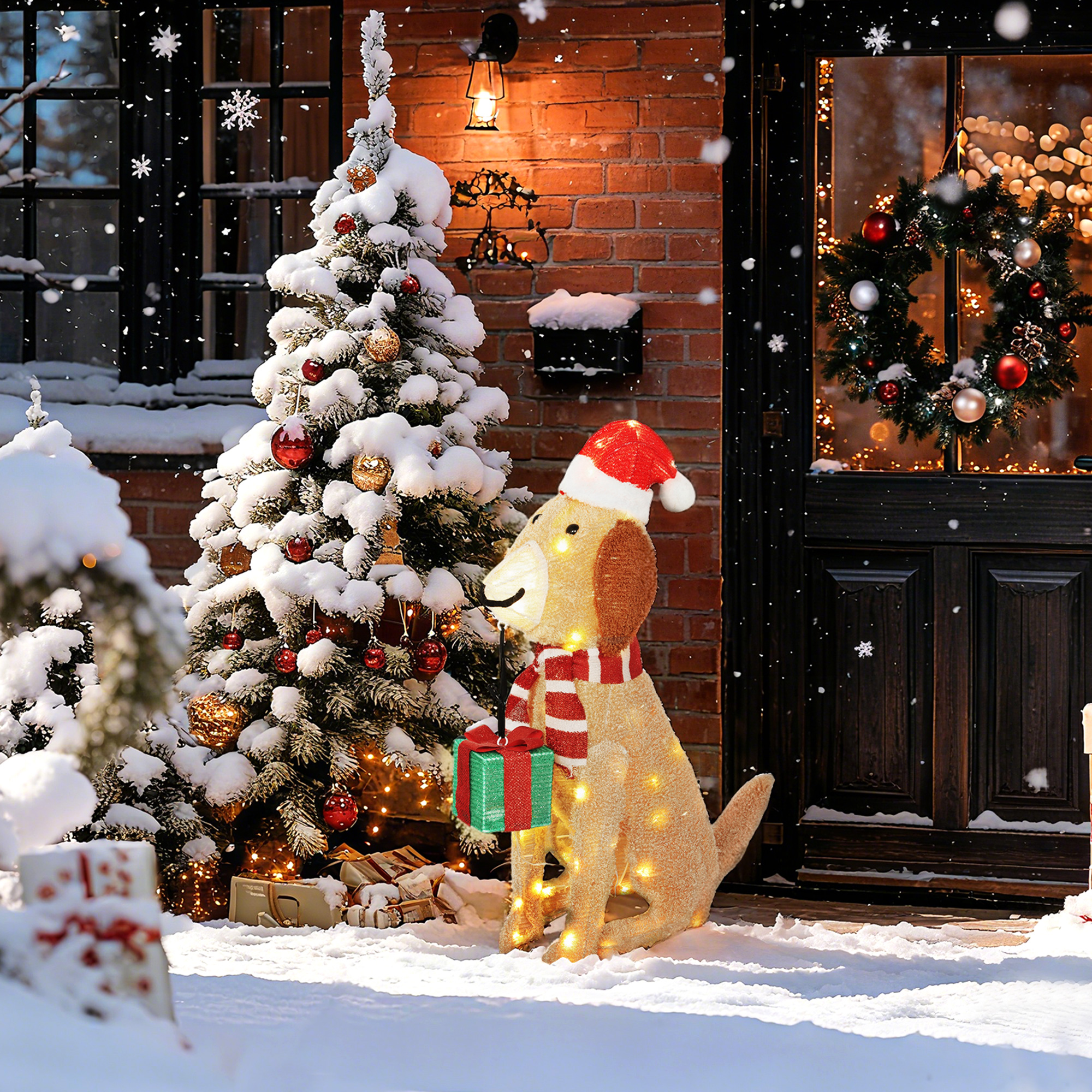 Weihnachtsdekoration, Beleuchteter Weihnachtswelpe mit 74 warmweißen LED-Lichtern, 64 x 20 x 70 cm, Gelb