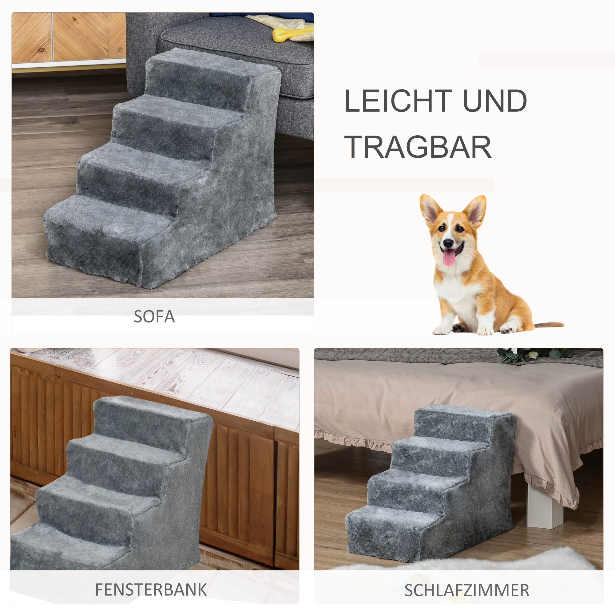Hundetreppe 4-stufig, 35 cm Katzentreppe für Bett und Sofa, Haustiertreppe für Hunde und Katzen bis 5 kg, Plüschoptik, Hellgrau