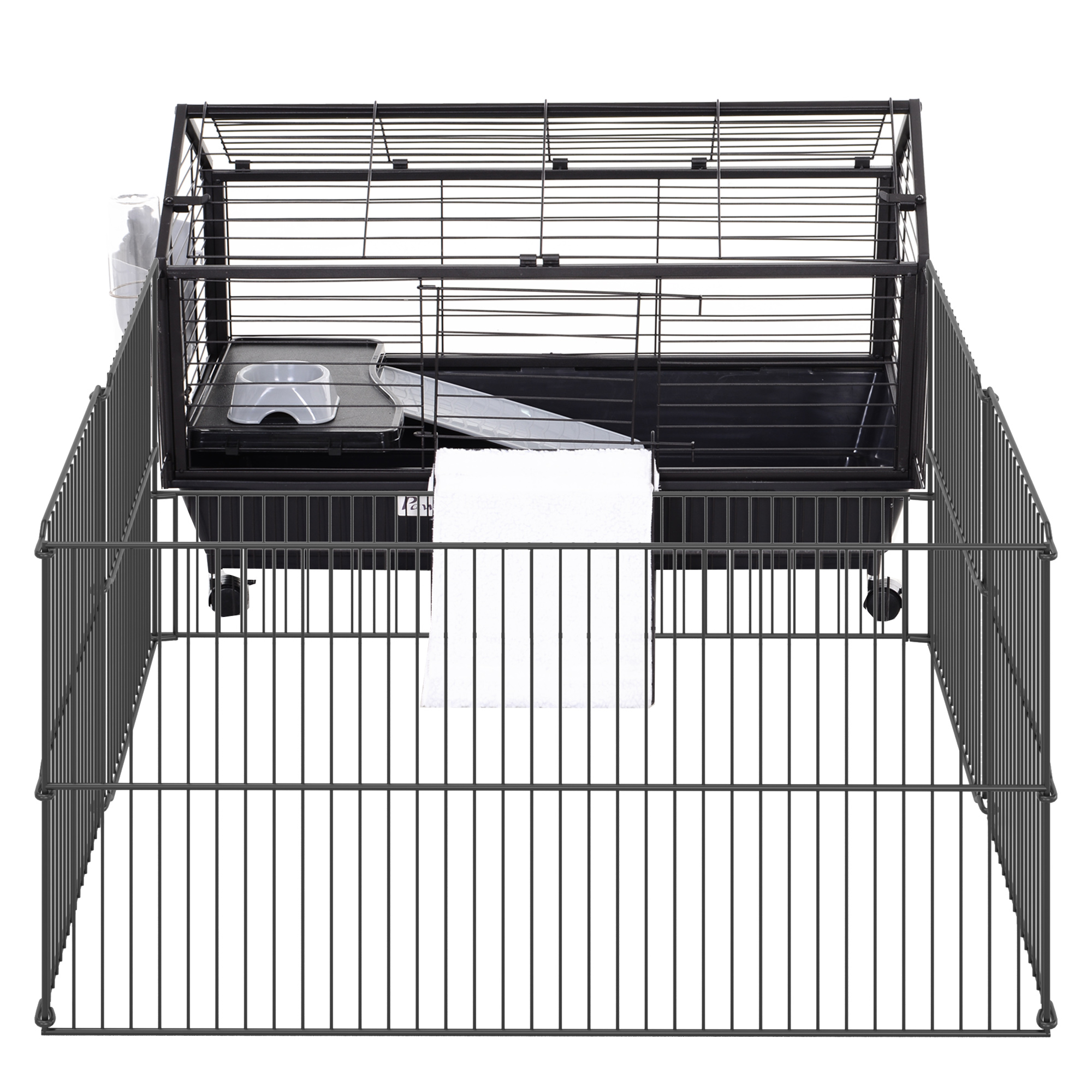Kleintierkäfig mit Freigehege inkl, Zubehör 88 cm x 128,5 cm x 56 cm  4 Rollen Schwarz Metall Polypropylen