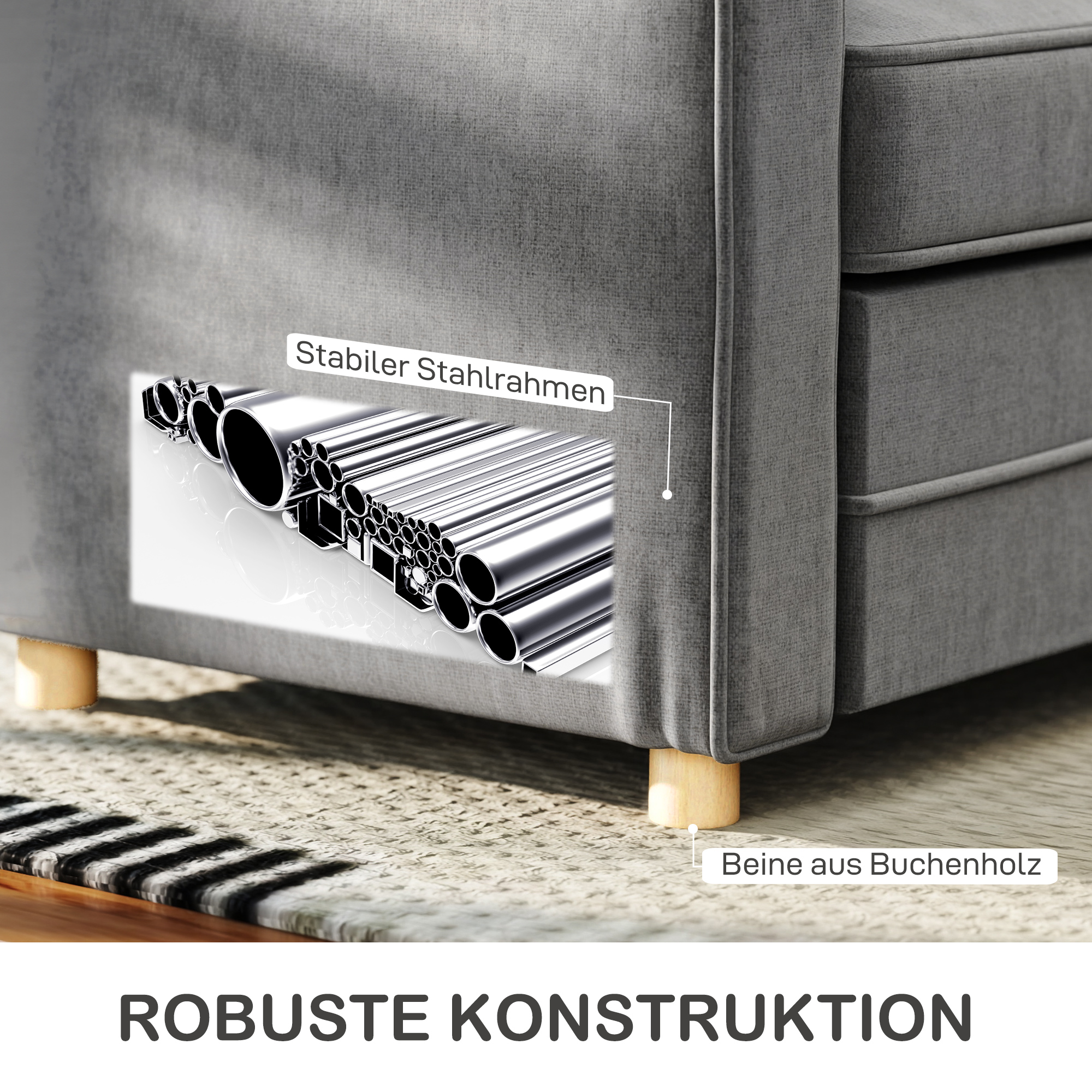 2-Sitzer-Sofa, Kompakte Wohnzimmercouch, Stoff in Leinenoptik, weiche Sitzkissen, Stahlrahmen, Dunkelgrau