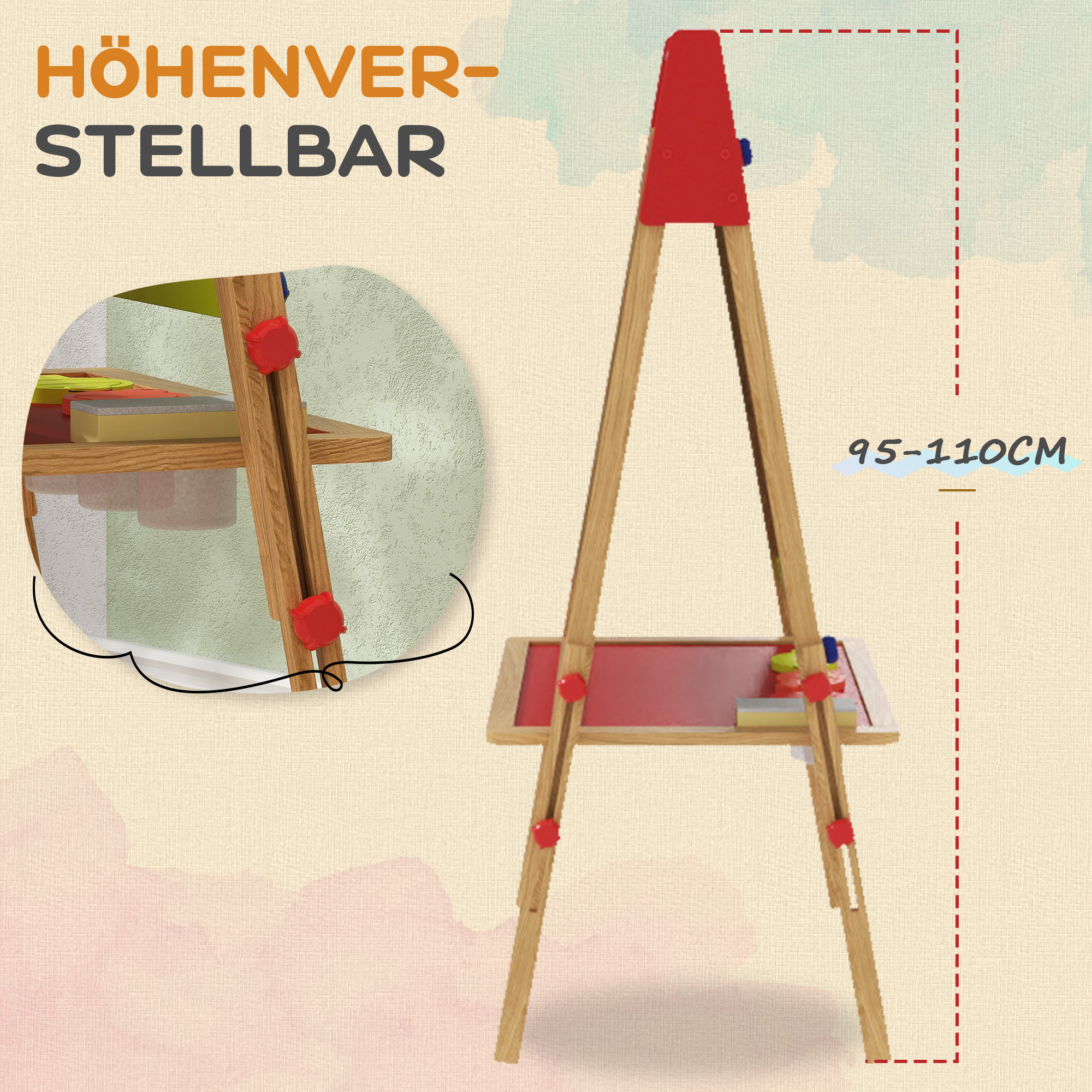 3-in-1 Kindermalstaffelei, Kreidetafel, Whiteboard, Papierrolle, inklusive Zubehör, Kiefernholz, verstellbar