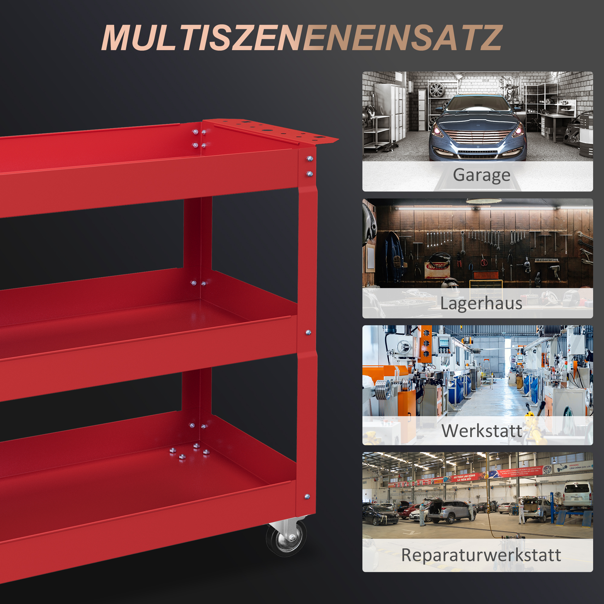3-stufiger Werkzeugwagen, 4 Rollen, Stahl, 83B x 35,3T x 76H cm, Rot