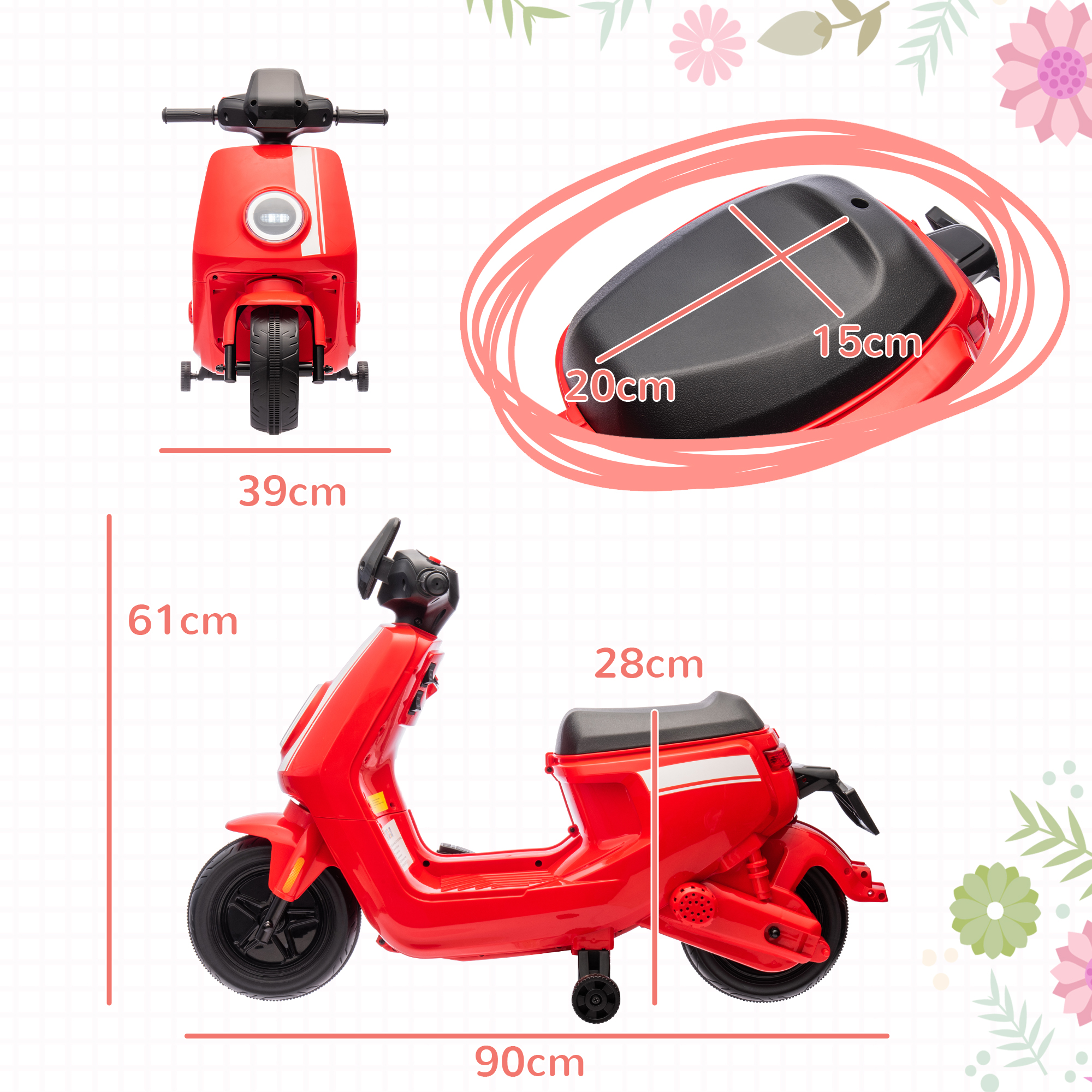 6V Elektro-Motorrad für Kinder, mit Scheinwerfer und Musik, Vor- und Rückwärtsgang, Trainingsräder, 18-36 Monate, Rot