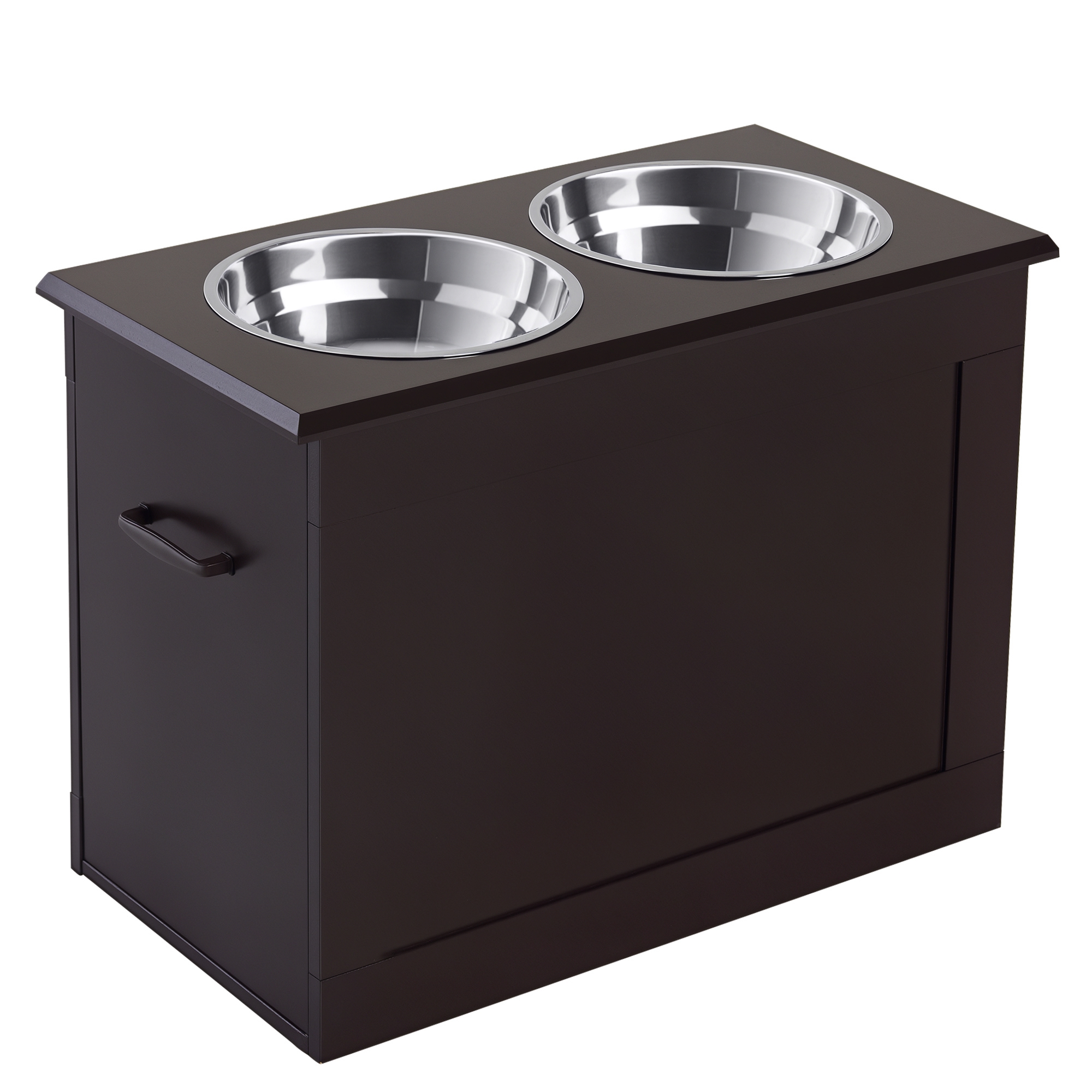 Futterstation, 2 Fressnäpfe aus Edelstahl, versteckter Stauraum, 60 cm x 30 cm x 41 cm, Schwarz + Silber Futterstation, 2 Fressnäpfe aus Edelstahl, versteckter Stauraum, 60 cm x 30 cm x 41 cm, Schwarz + Silber