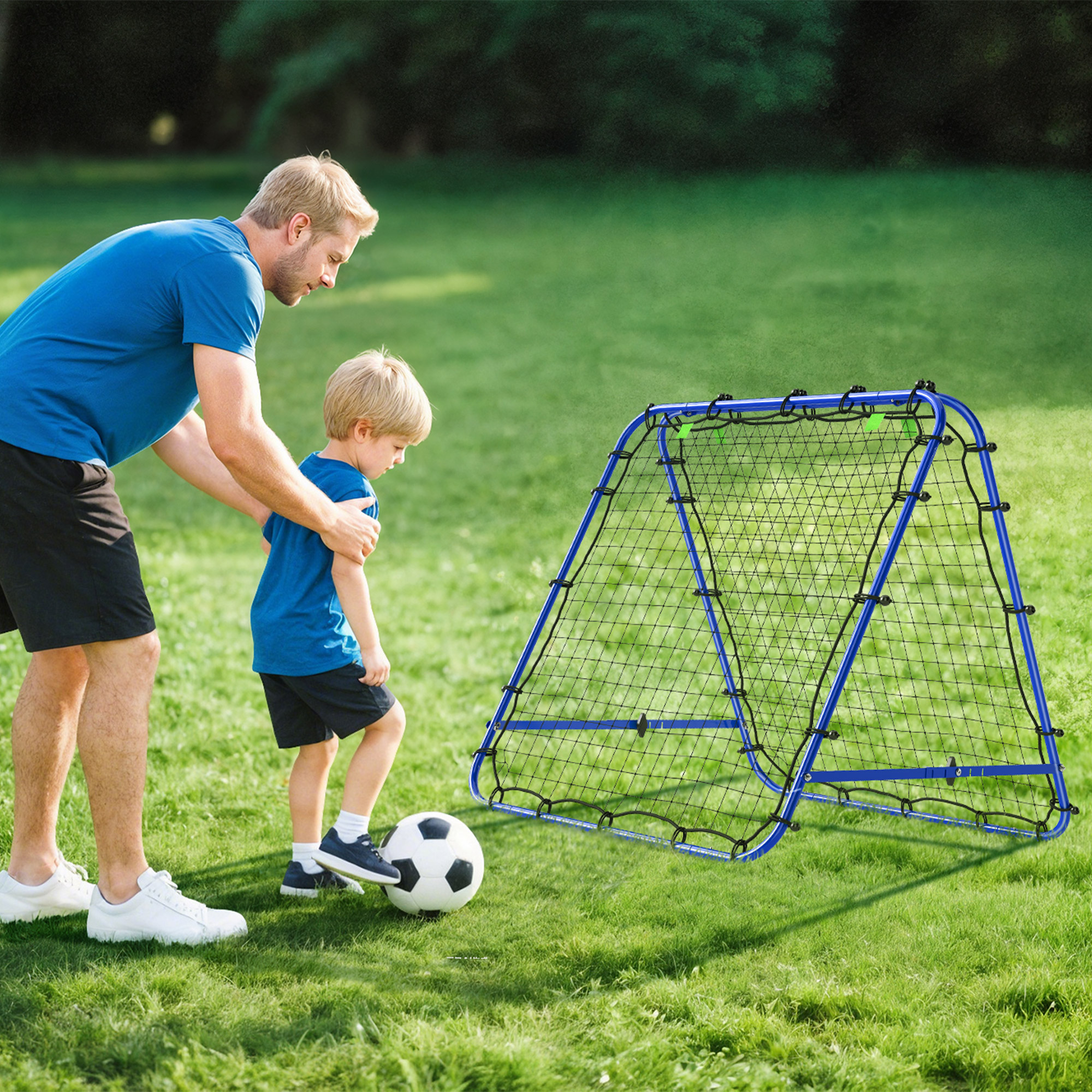 Rebounder für Fußball, verstellbar Prellwand mit 5 Winkelpositionen und Rückprallwand Netz, 100 x 95cm Kickback Tor Fußballtor für Jugendliche, Rückprallwand für Handball Training, Blau