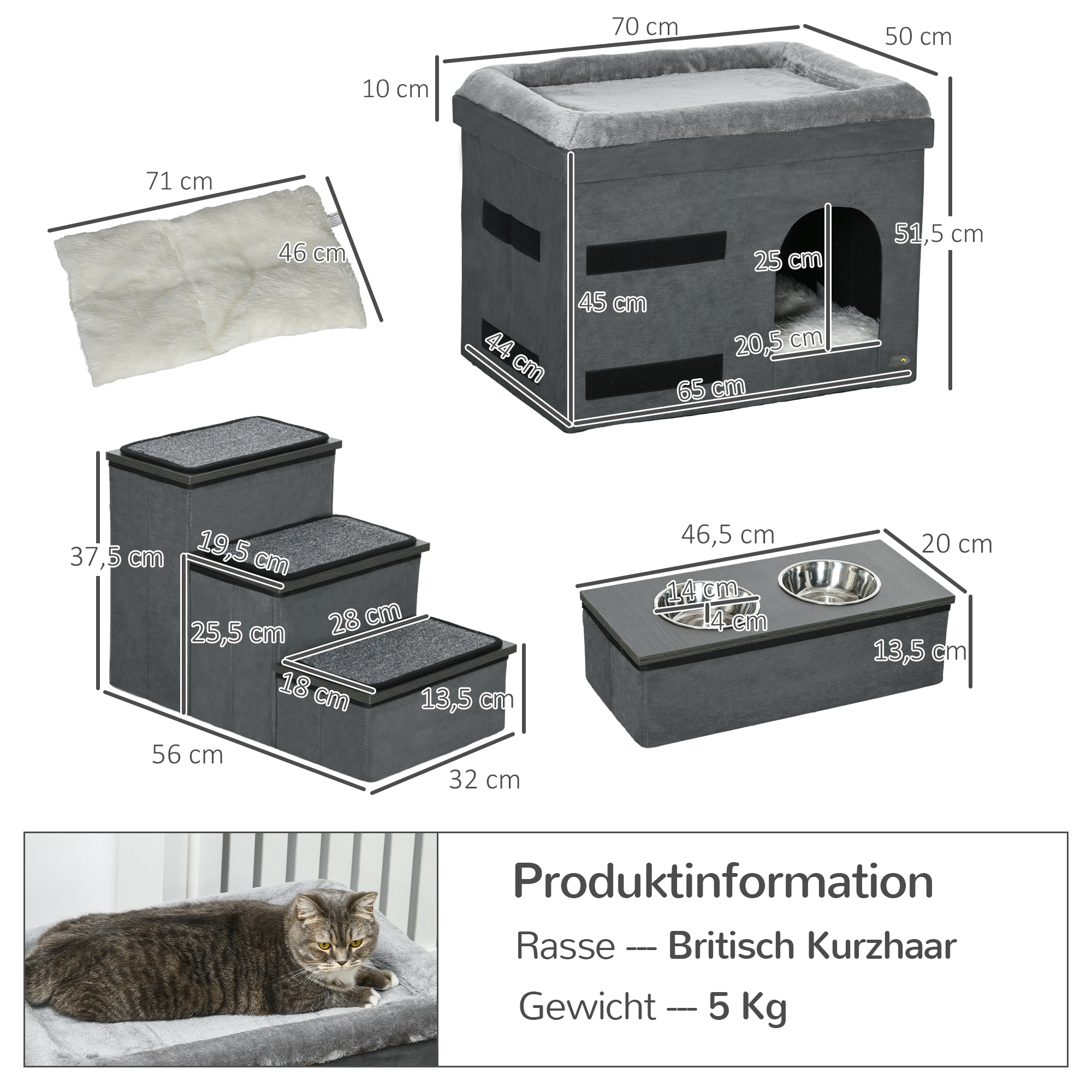 Katzenhaus Katzenhütte Katzenhöhle, 3 Haustiertreppen, 2 Fressnäpfe, 70 x 50 x 51, cm,  Grau