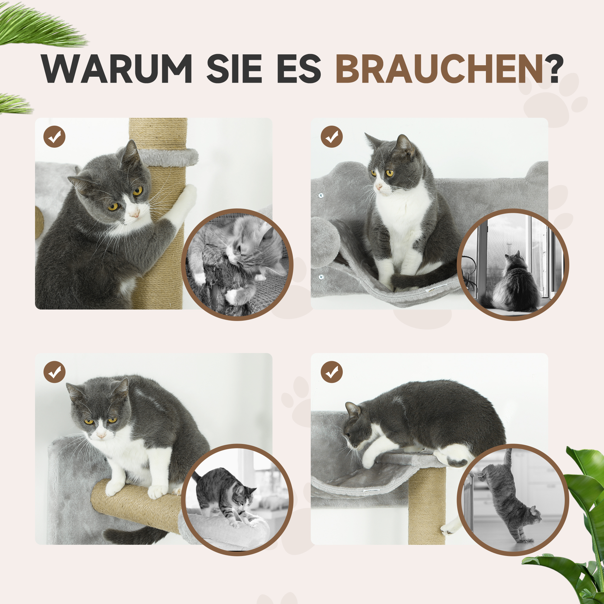 5-teiliges wandmontiertes Kletterset für Hauskatzen mit Kratzpfosten, Kratzmatte, Katzenbett, Spielzeugbällen, Hellgrau