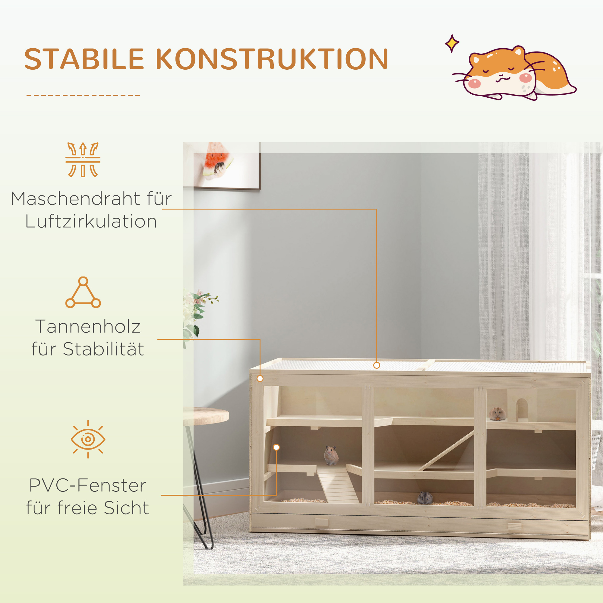 Hamsterkäfig aus Holz 3 Etagen Nagerkäfig mit reinigbar Ablage Kleintierkäfig mit klappbarem Deckel Treppen Holzkäfig Käfig für Hamster Zwerghamster 115 x 57 x 55 cm Naturholz