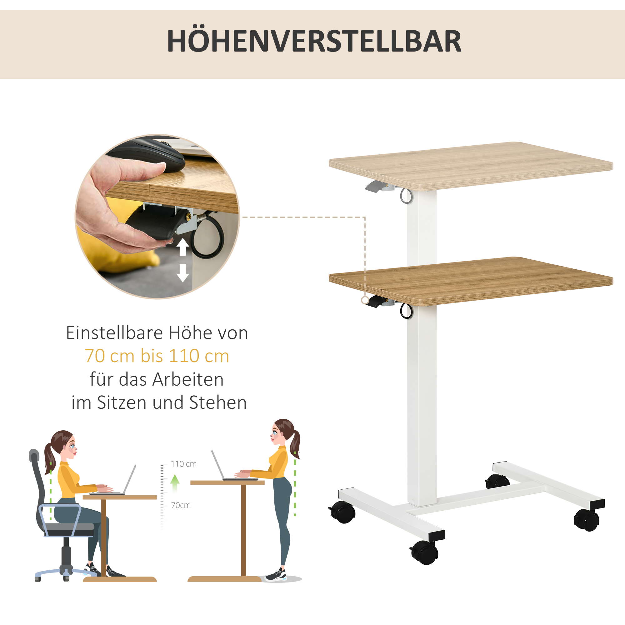 Stehpult Höhenverstellbar inkl, 4 Rollen C-Form 65 cm x 48 cm x 70-110 cm  Natur + Weiß