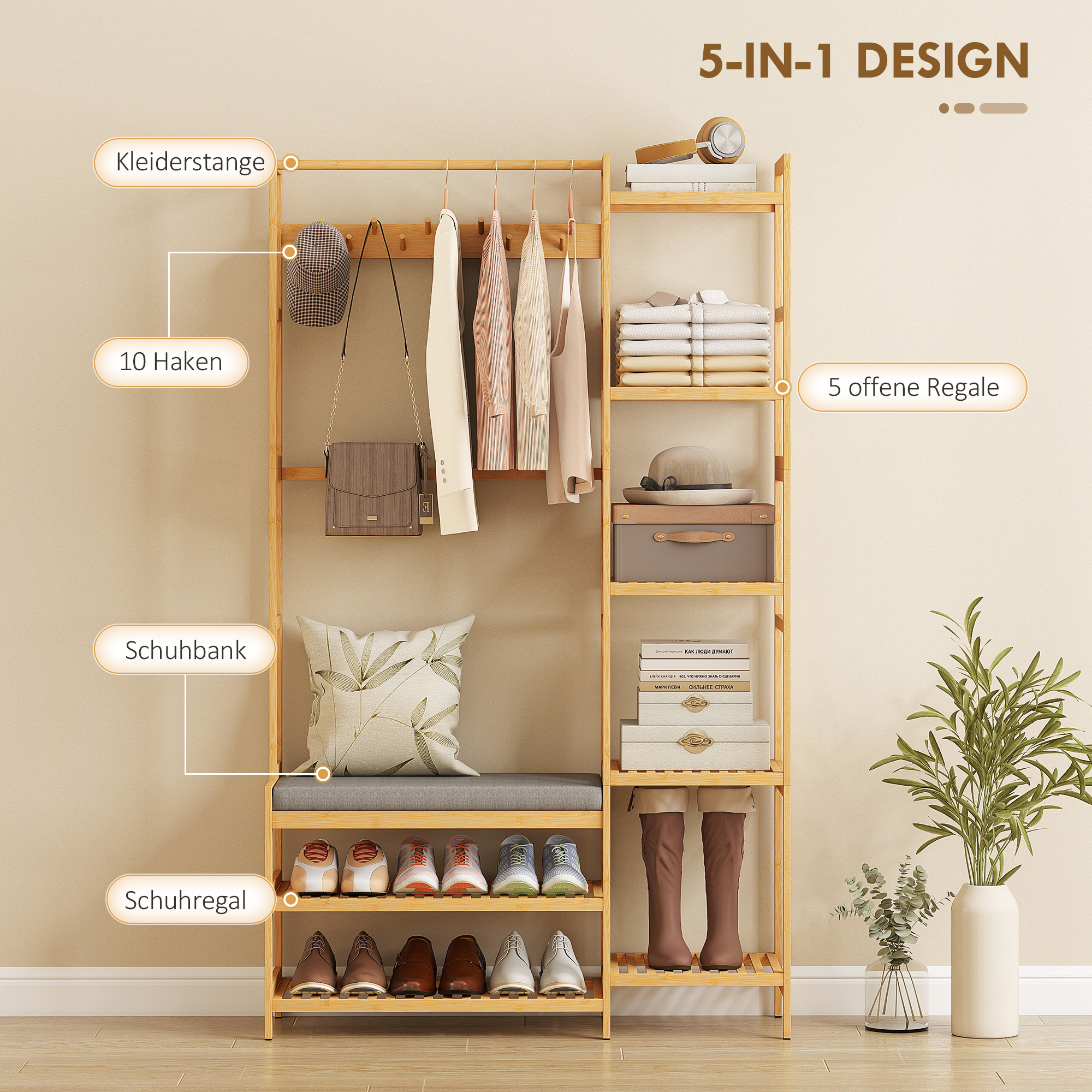 Garderobenständer mit Schuhregal, Kleiderhaken, Mantelständer, Sitzbank mit Kissen, für Flur, Eingangsbereich, Naturholz