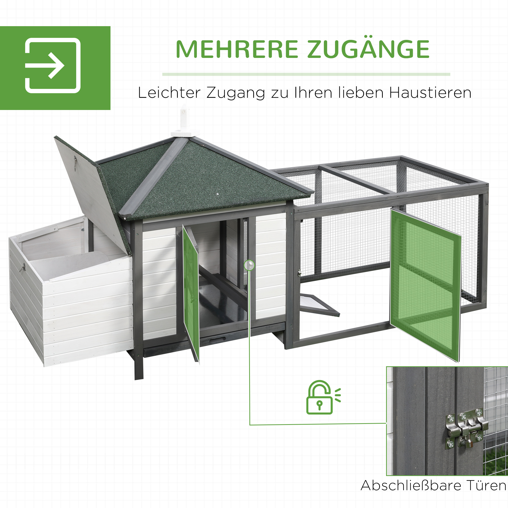 Hühnerstall für Zwerghühner 196 x 76 x 97 cm Hühnerhaus mit Nistkasten, Freilaufgehege Sitzstange, Kleintierstall aus Holz, Grau
