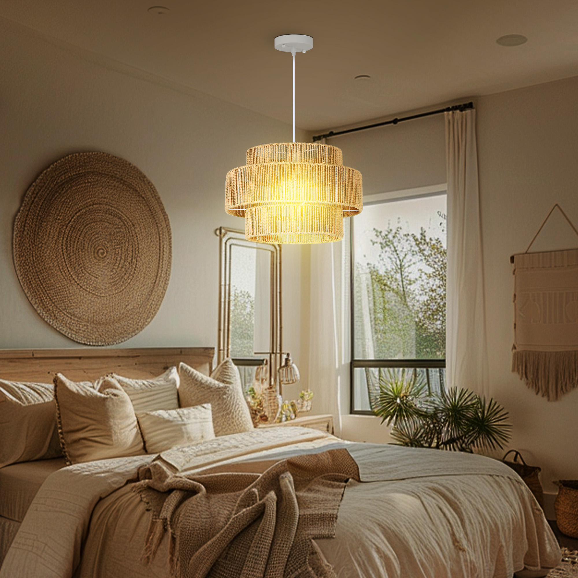 Hängelampe, 3-stufiger Lampenschirm, Metall, Hanfseil, Hellbraun