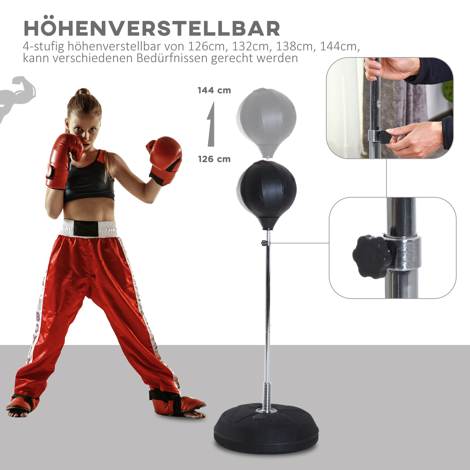 Box-Set mit Punchingball, höhenverstellbar, inkl, Boxhandschuhe, 126-144cm, Schwarz