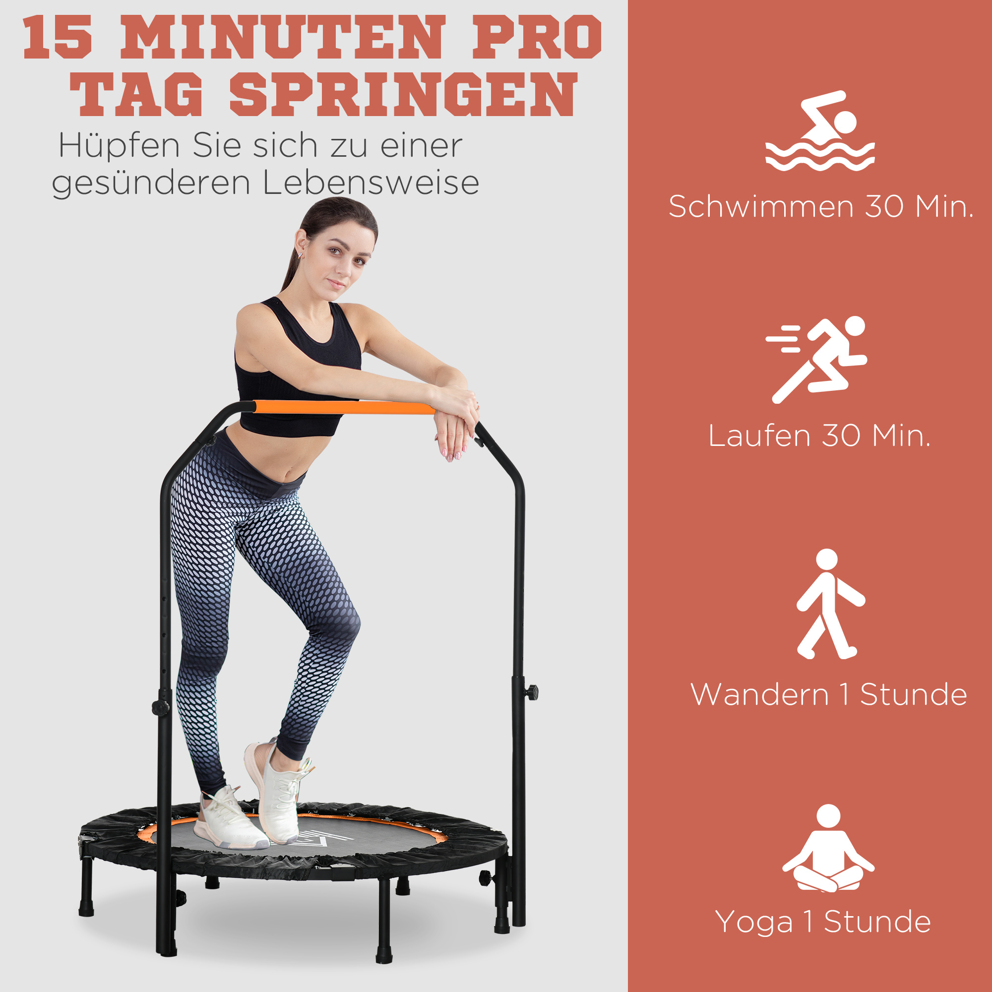 Fitnesstrampolin, klappbar, verstellbarer Haltegriff, Ø102 x 123H cm, bis 100 kg, Schwarz