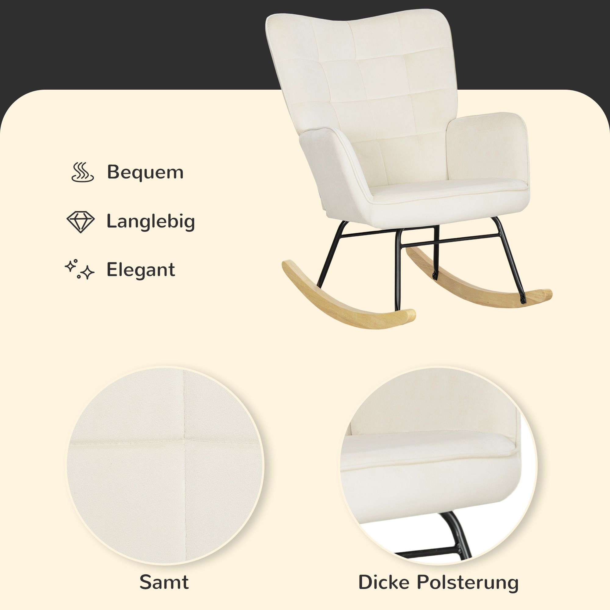 Schaukelstuhl, dicke Polsterung, breite Rückenlehne, Buchenholz/Stahlrahmen, bis 120 kg, Beige