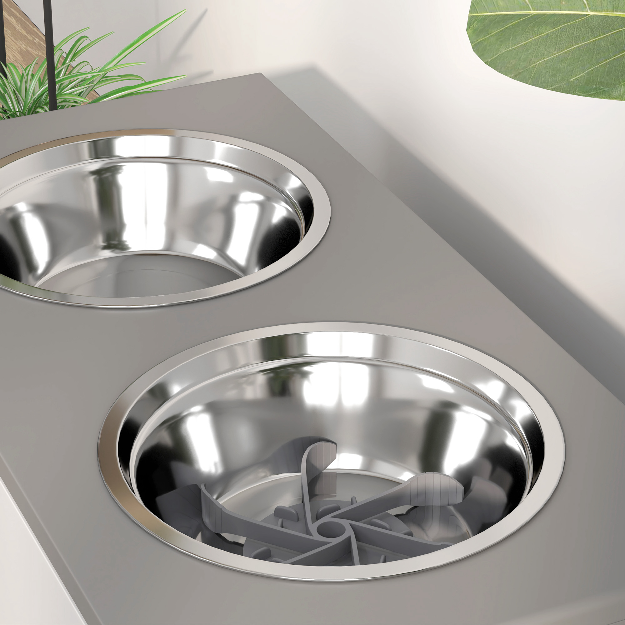 Erhöhte Fütterungsstation für Hunde, mit Stauraum und Anti-Schling-Matte, 2 x 2000 ml Edelstahlnapf, Grau