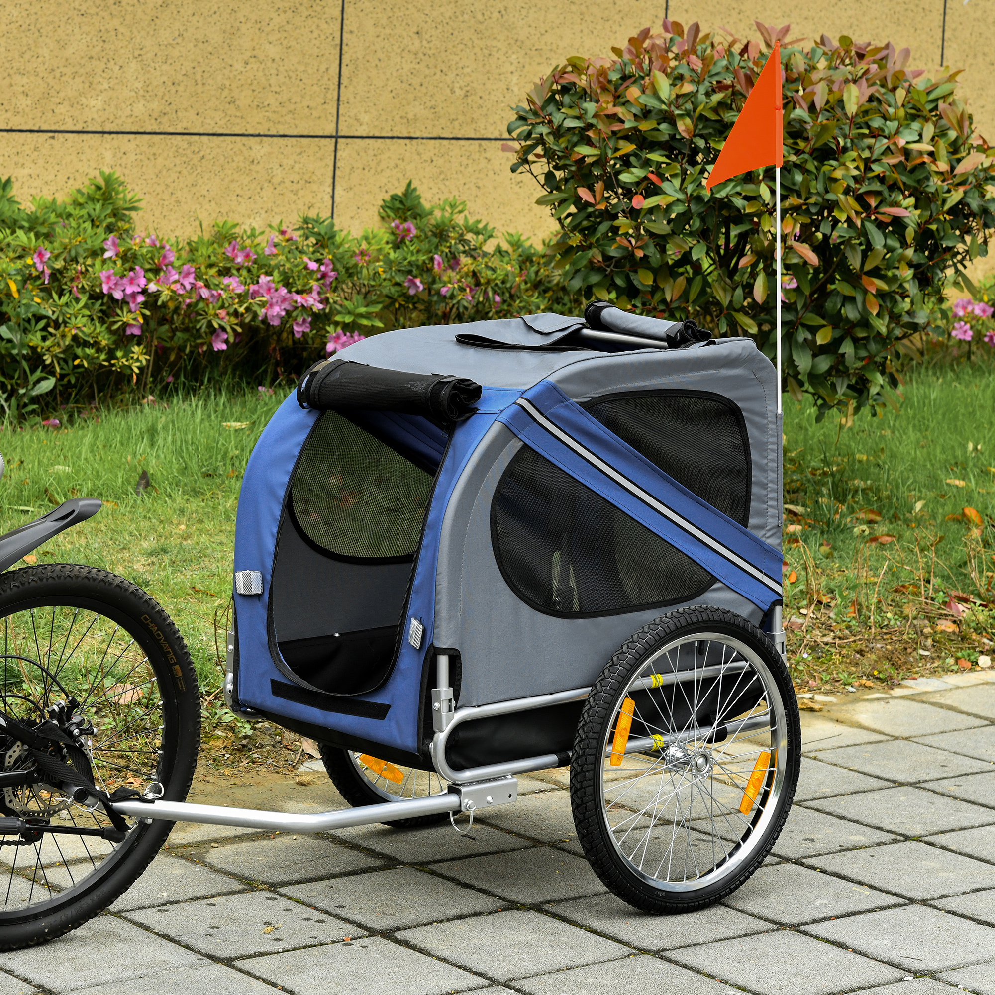 2-in-1 Haustieranhänger Fahrradanhänger bis 20kg klappbar Regenschutz Sicherheitsfahne Reflektoren Stahl grau+blau 130 x 73 x 90cm