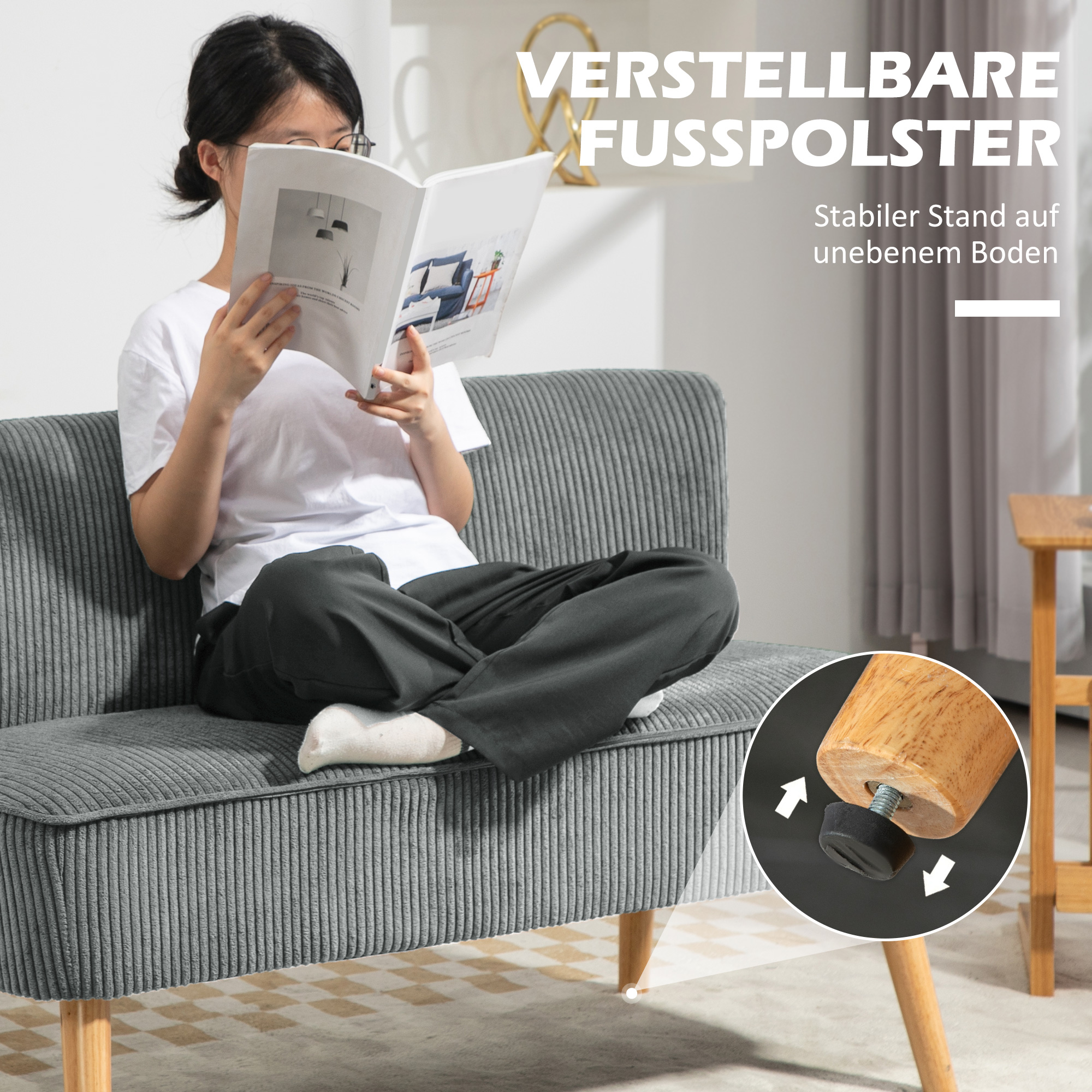 2-Sitzer Polstersofa, Holz, Samtartiges Polyester, Schaumstoff, 117 x 56,5 x 77 cm, Grau