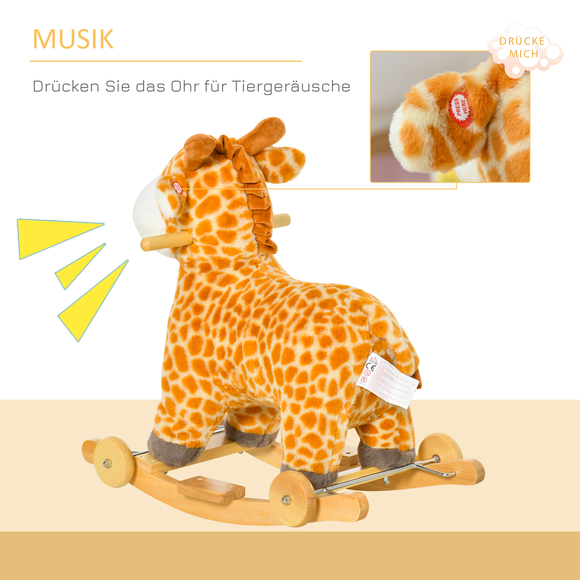 2-IN-1 Schaukeltier Giraffen mit Sound Effekt, Räder , Haltegriffen Plüsch Baby Schaukelspielzeug Schaukel Schaukelsitz für Kleinkinder 3-6 Jahre