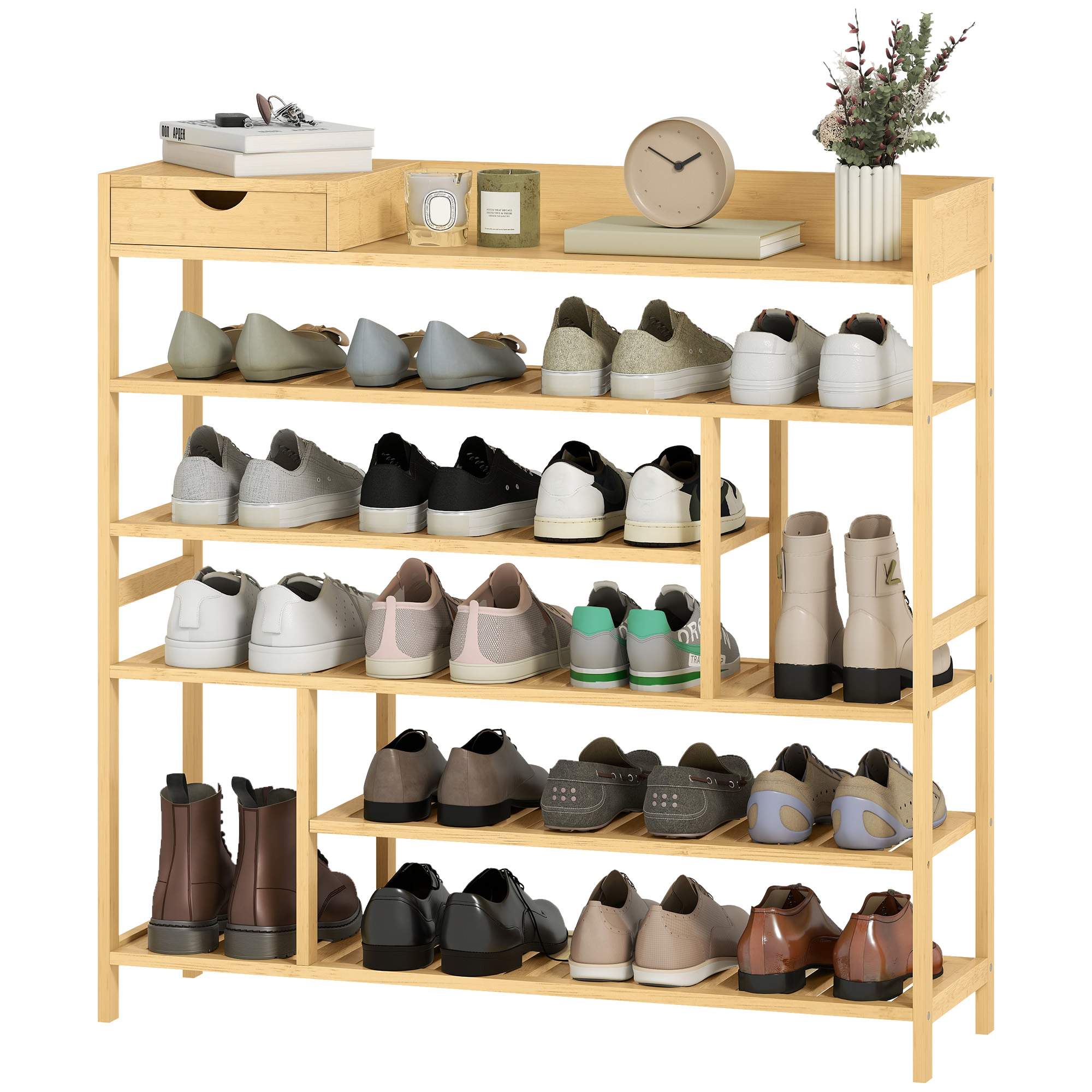 Schuhregal, Schuhständer mit 6 Ebenen, Schublade aus Bambus, für max, 18 Paar Schuhe, Schuhablage für Eingang, Schlafzimmer, 101 x 30 x 100 cm, Natur
