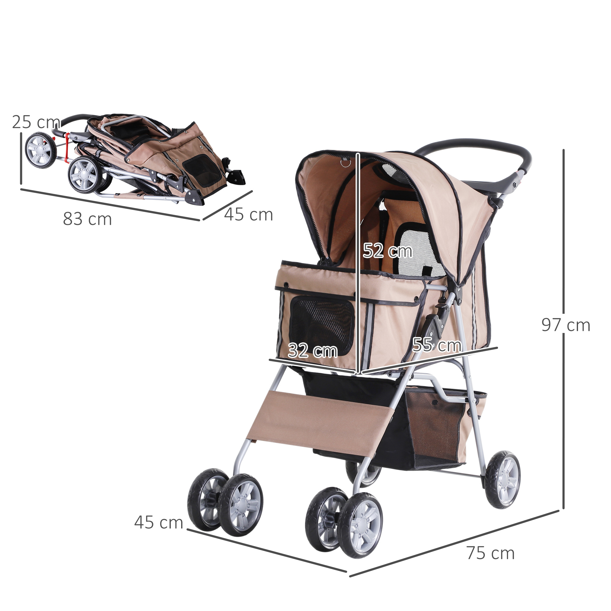 Hundebuggy Hundewagen bis 10 kg Klappbar Bodenkorb 2 Becherhalter Sonnendach Kaffeebraun