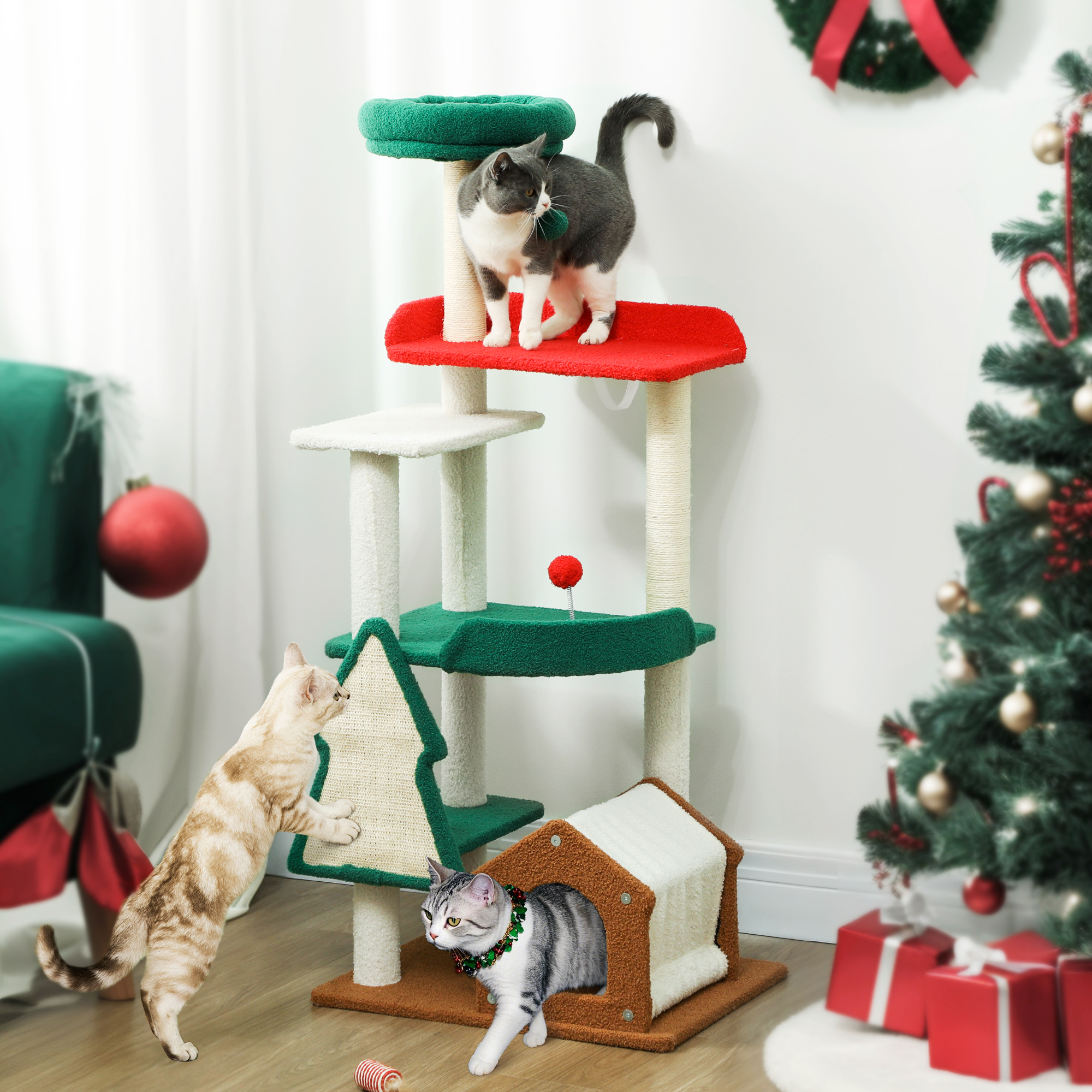 135 cm Katzenkratzbaum in Weihnachtsfarben mit Katzenbett, Katzenhaus, Kratzpfosten, Sprungplattformen, Spielzeugbällen