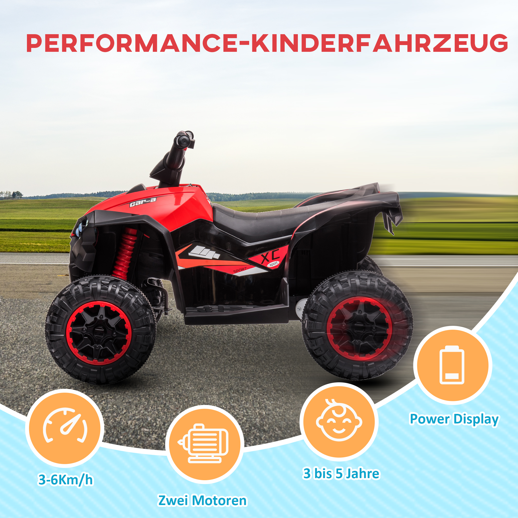 Kinderquad, LED-Scheinwerfer, MP3-Player, Stoßdämpfer, ergonomischer Sitz, Rot+Schwarz