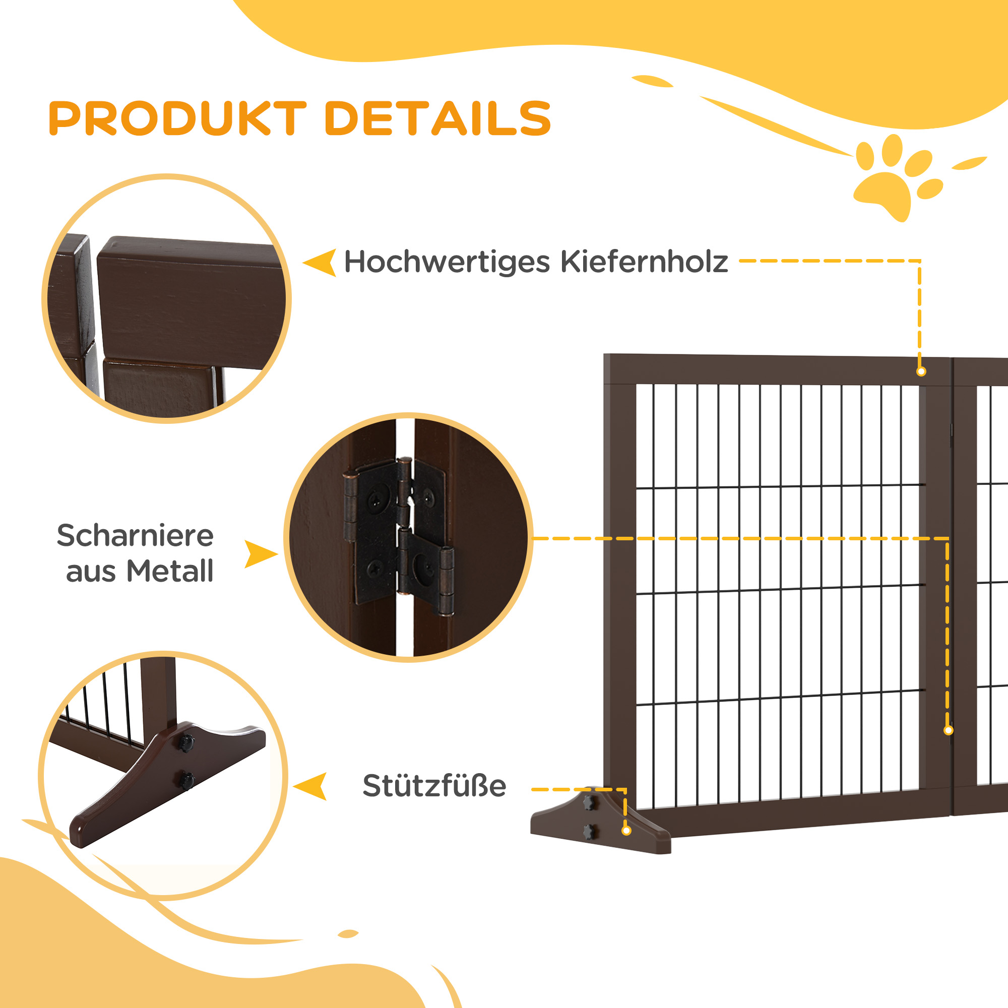 Absperrgitter Hund Freistehendes Schutzgitter mit Füßen 185 x 71 cm Holz Hundegitter Treppenschutzgitter Treppengitter Hundeabsperrgitter für Treppen, Türen, Küche, Flur, 3 Paneelen, Braun