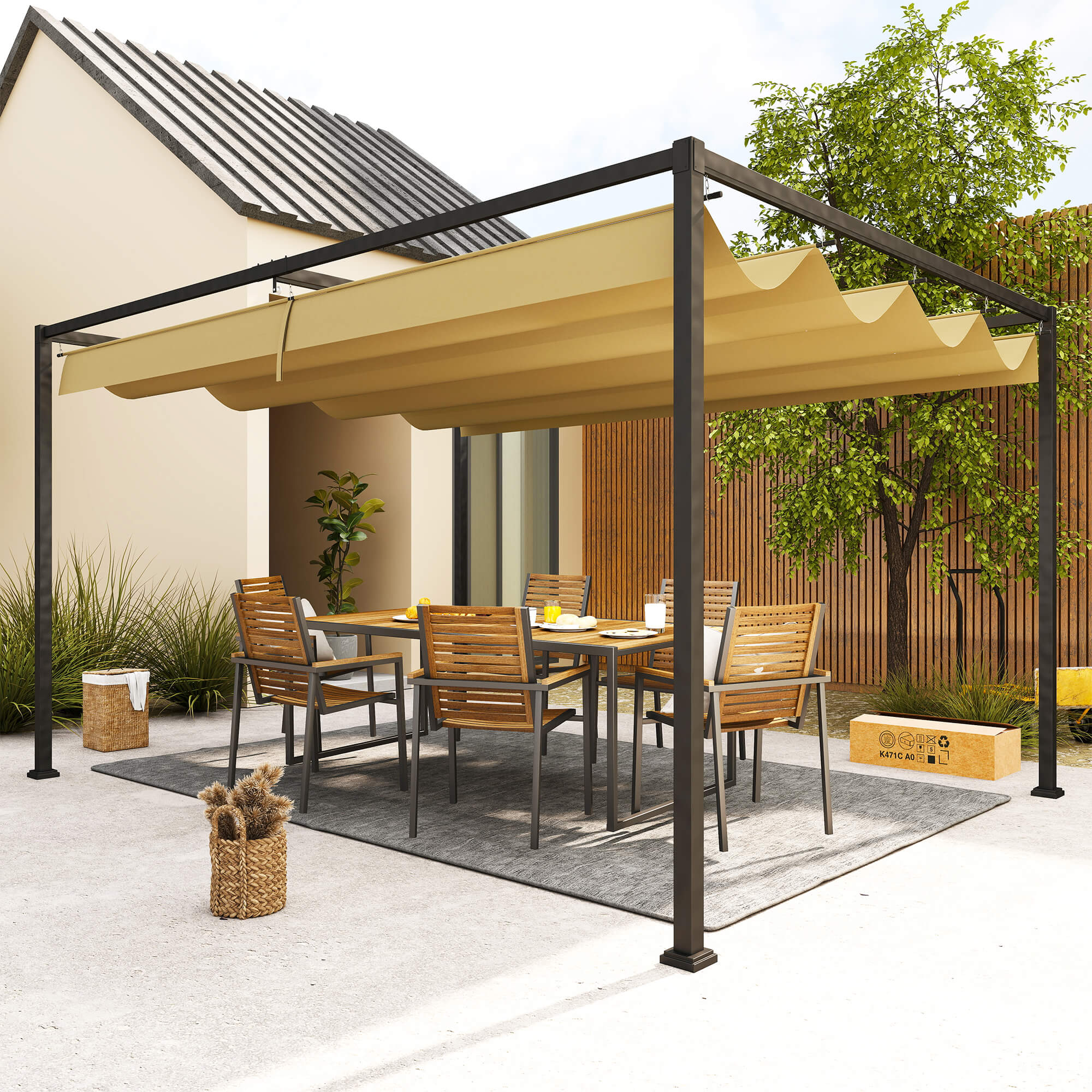 Pergola, Robuster Sonnenschutz für Garten, Balkon, Terrasse, aus Metall und Kunststoff, UV- und wasserabweisend, Khaki
