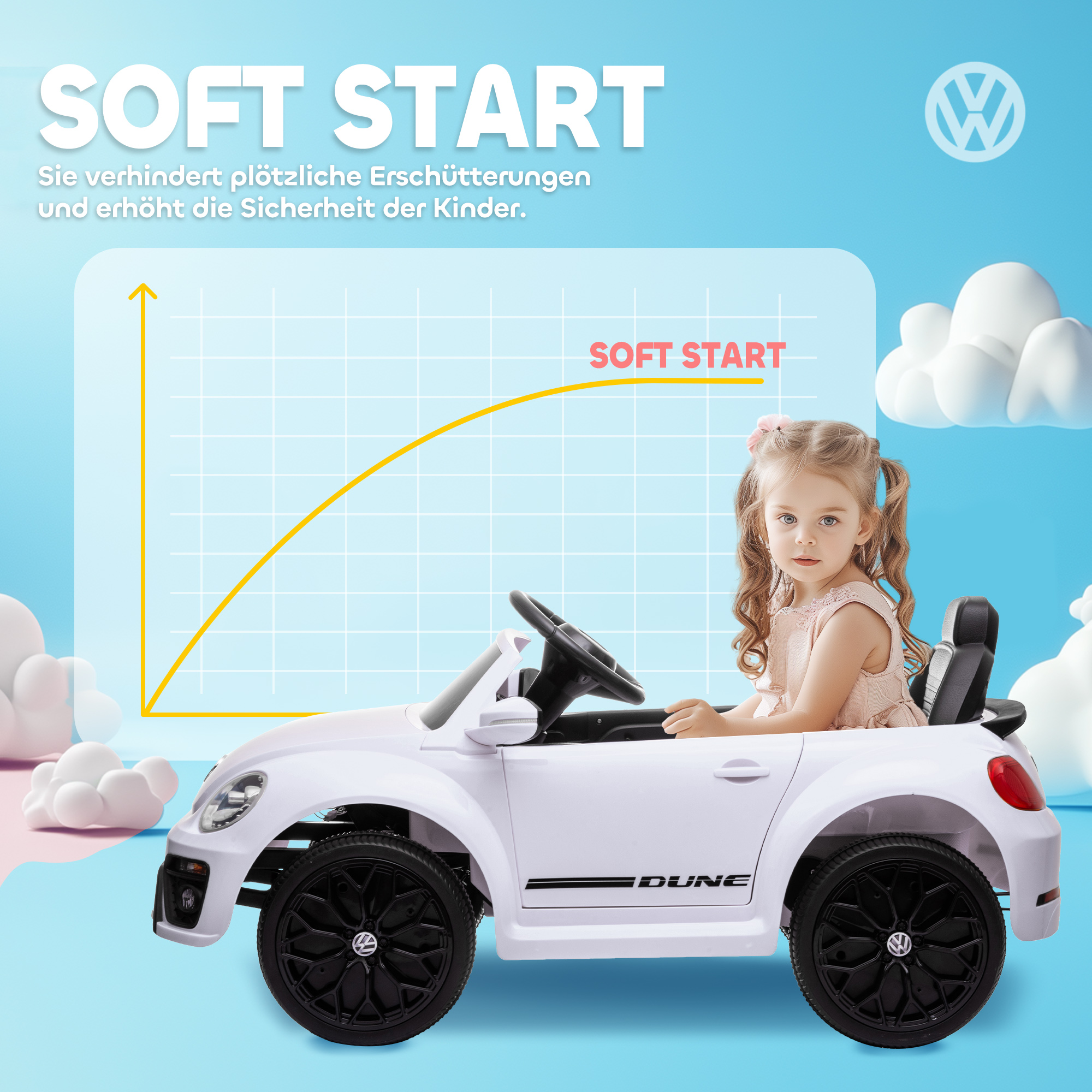Kinderfahrzeug, VW Käfer, 3-5 km/h, mit Fernbedienung & Musik, Weiß