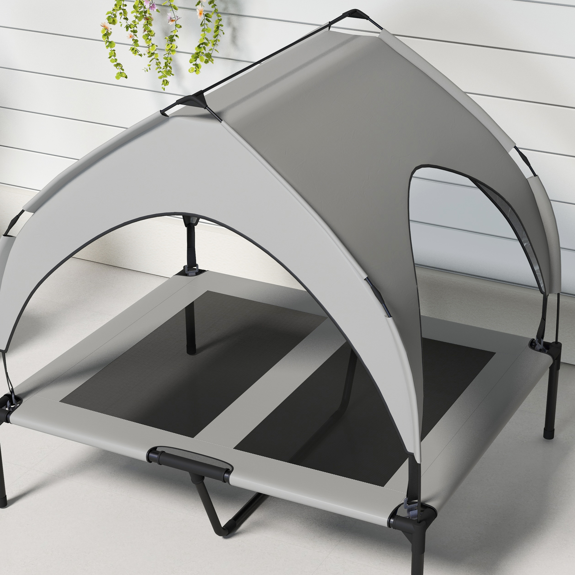 Hundebett mit Dach, atmungsaktiv, wasserabweisend, bis 30 kg, 91 x 76 x 89 cm, Hellgrau