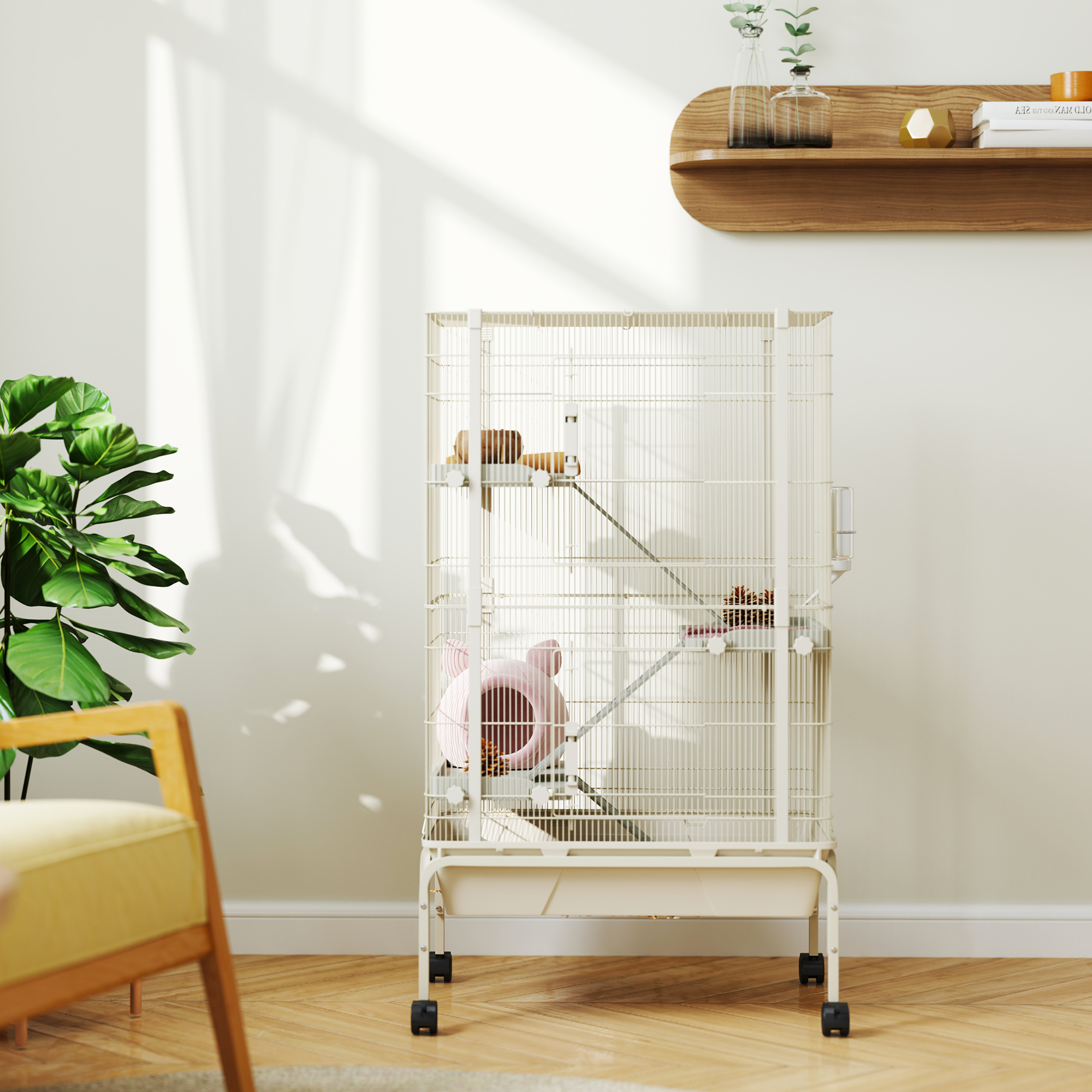 Kleintierkäfig, Haustierkäfig mit 4 Ebenen, Futterschale, Wasserflasche, 88 x 48 x 150,5 cm, Beige