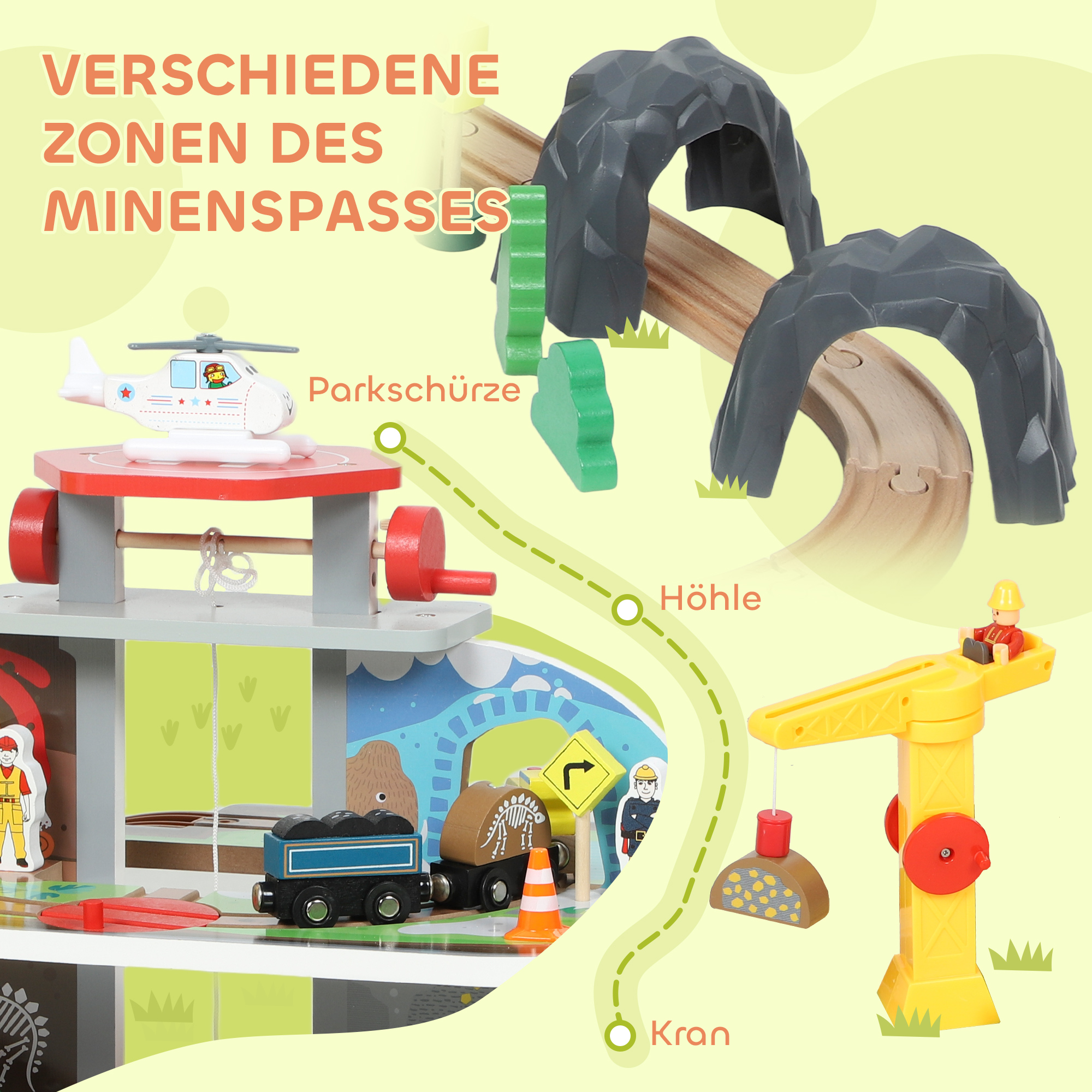 Eisenbahnset aus Holz, 79 Teile, 4 Ebenen, Aufzug, Kran, erweiterbar, Bunt