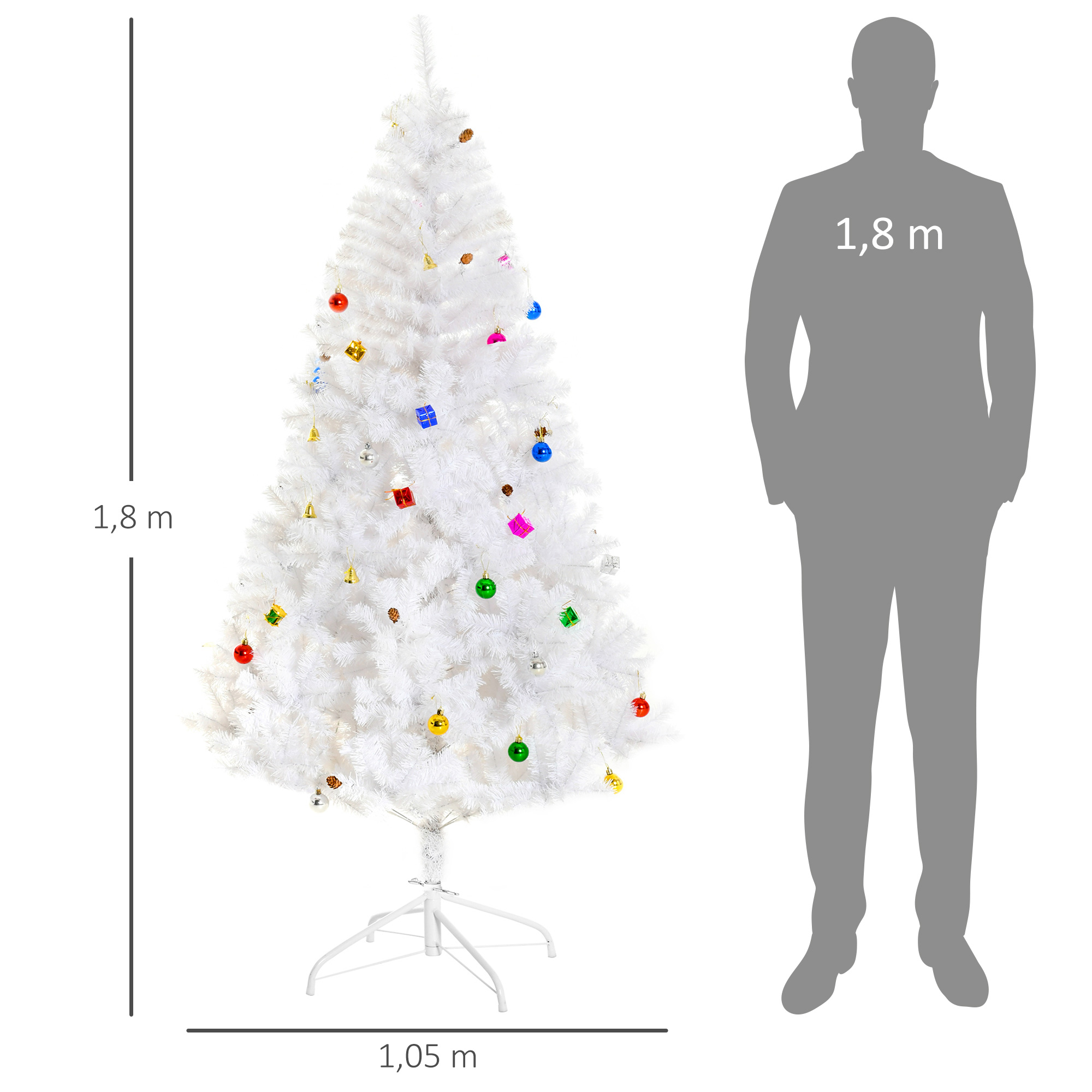 Weihnachtsbaum 180 cm künstlich Tannenbaum mit Kugeln, Glocken, Trommeln, Geschenkboxen, Christbaum mit 930 Spitzen, 12 Tannenzapfen Weihnachtsdeko inkl, Metallständer für drinnen