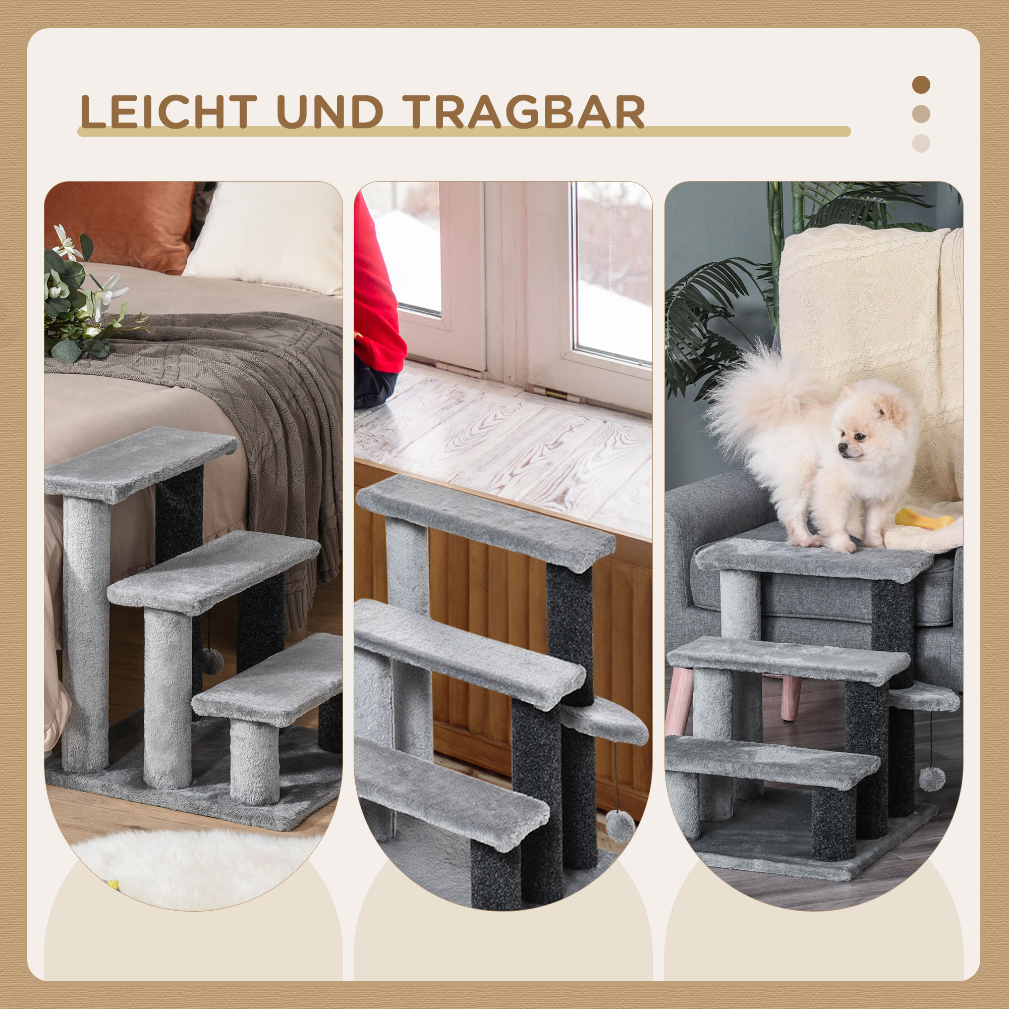 Katzentreppe 3-stufige Haustiertreppe mit Kratzsäulen Ball Hundetreppe Tiertreppe für Katzen bis 5 kg Plüsch Jute Grau 45 x 40 x 48 cm