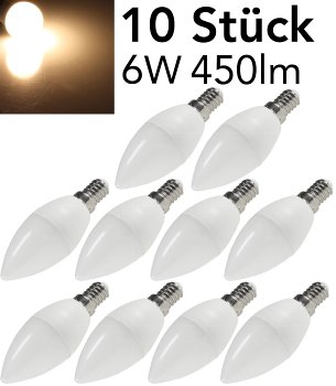 LED Kerzenlampe E14 "K50 Promo" 10er-Set, 3000k, 450lm, 230V/6W, 160°, warmweiß LED Kerzenlampe E14 "K50 Promo" 10er-Set, 3000k, 450lm, 230V/6W, 160°, warmweiß