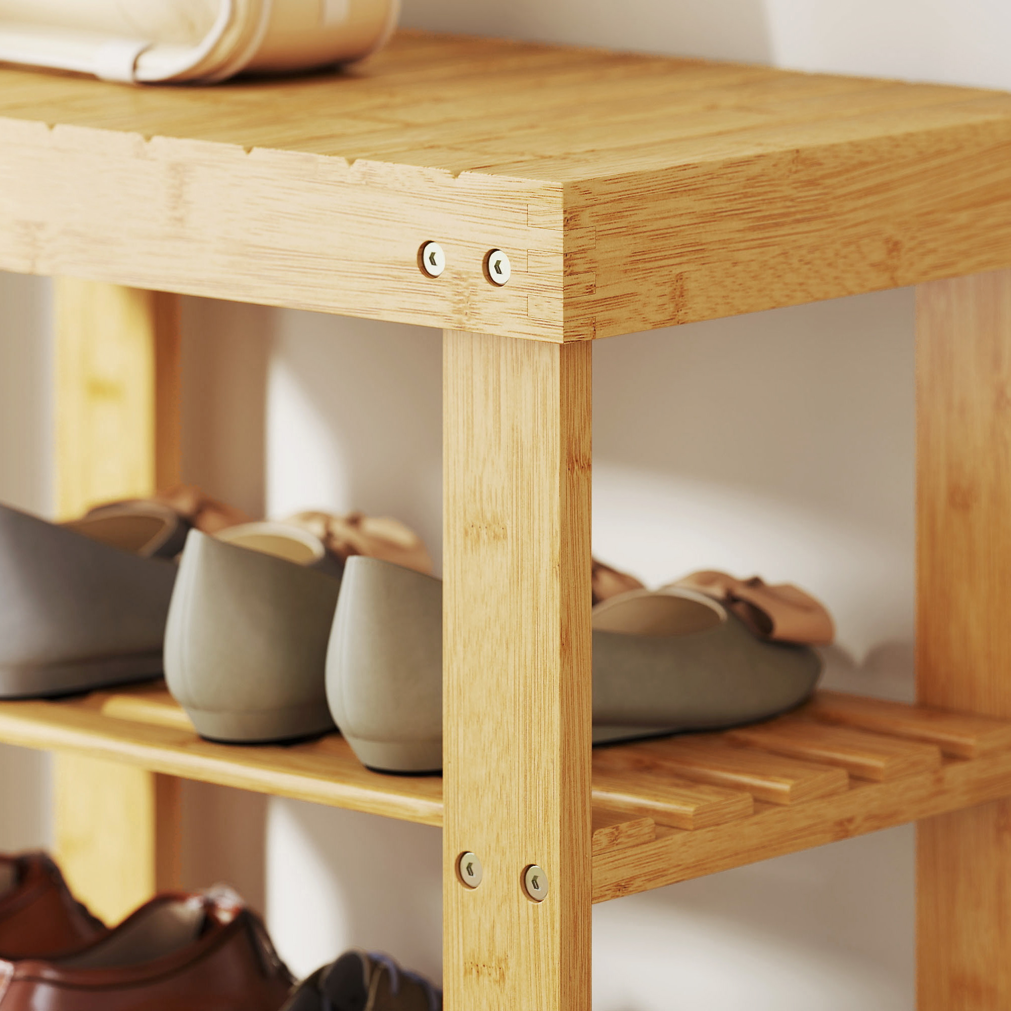 Schuhbank aus Bambus, Schuhregal mit 2 Ablagen, Sitzfläche, für Flur, Eingangsbereich, 50x28x45cm, Natur