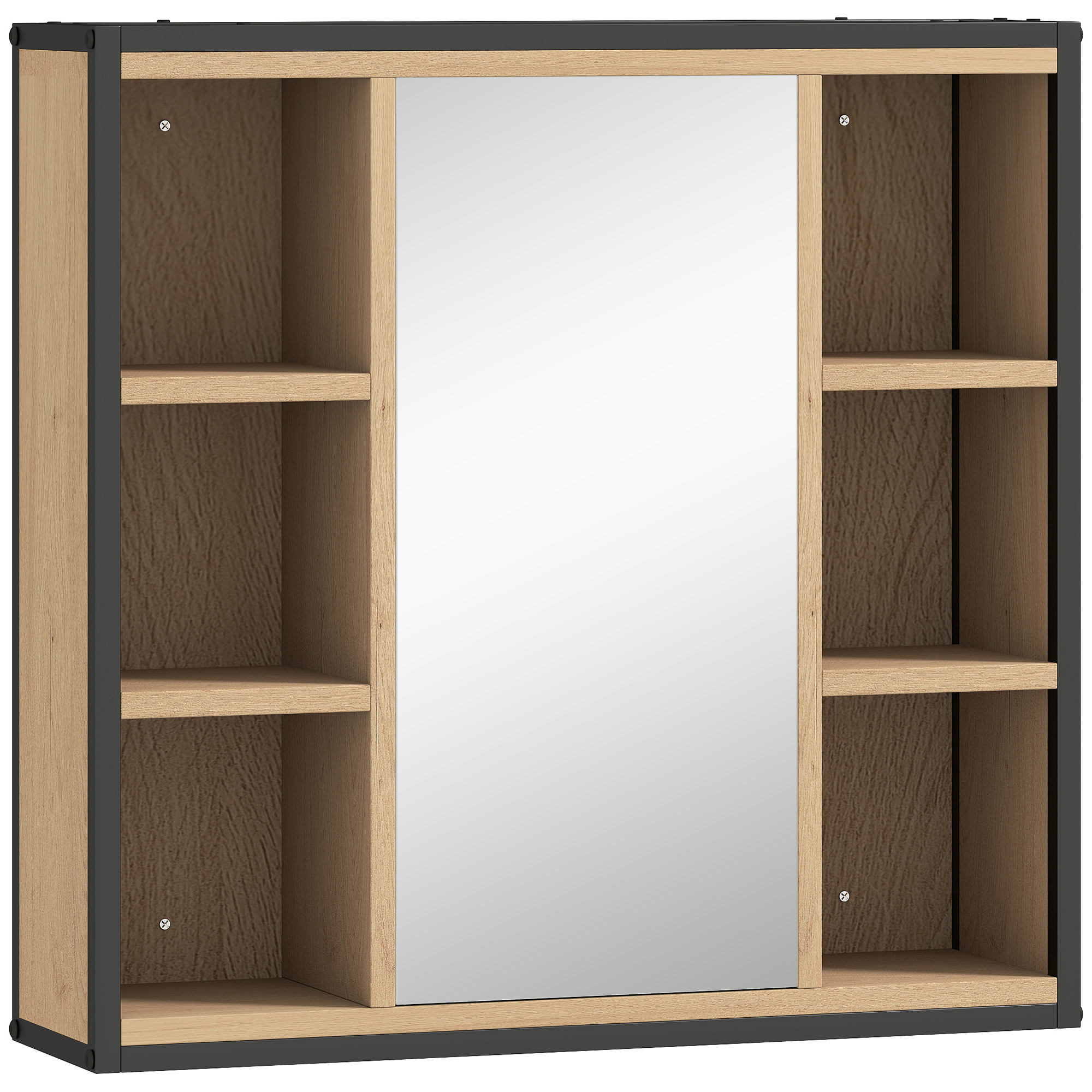 Badezimmer-Spiegelschrank, 6 offene Fächer, 3-stufiges Regal, Wandmontage, Eiche